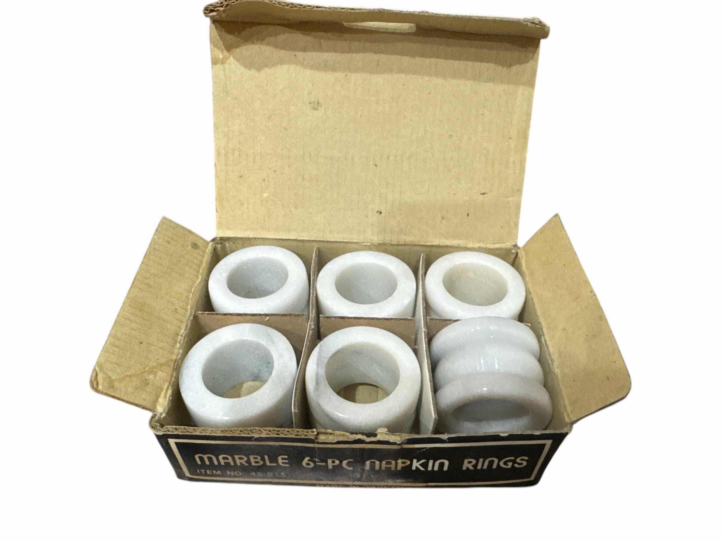 Photo 1 of 13 PIECES OF MARBLE KITCHEN WARE (NAPKIN RINGS, SALT & PEPPER, MORTAR AND PESTLE, BLACK MARBLE CANISTER)