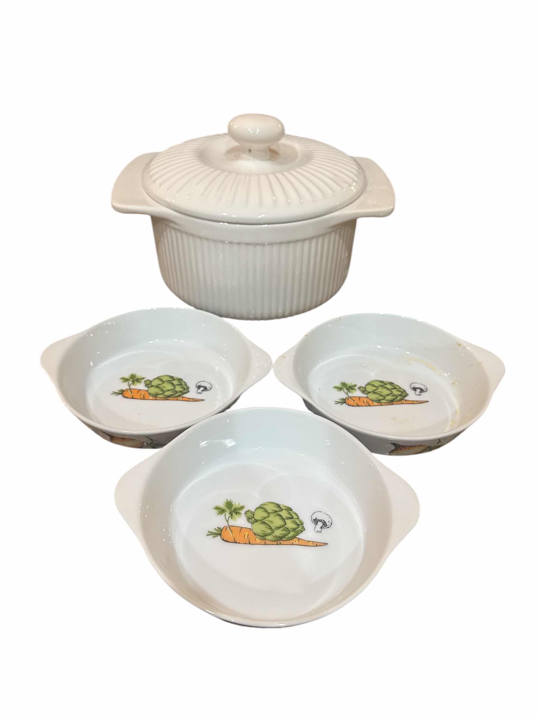 Photo 1 of 1 ROSCHO WHITE CASSEROLE DISH & 3 STYSON JAPAN OVEN TO TABLE COOKWARE RAMEKIN DISHES