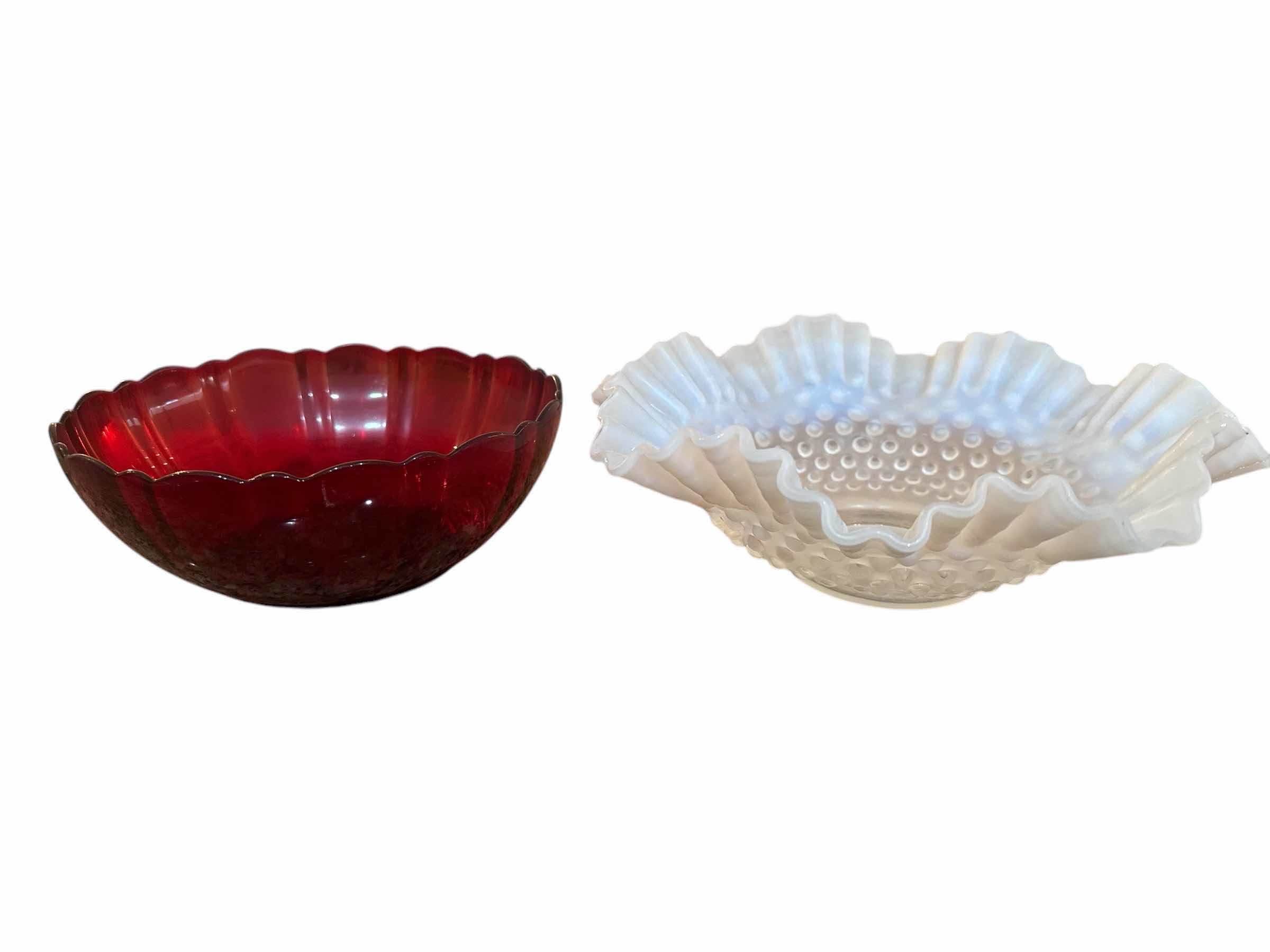 Photo 1 of 2 VINTAGE BOWLS (1) FENTON FRENCH OPALESCENT HOBNAIL RUFFLED DISH (1) FRENCH ARCOROC RUBY RED GLASS BOWL  8", SCALLOPED EDGE