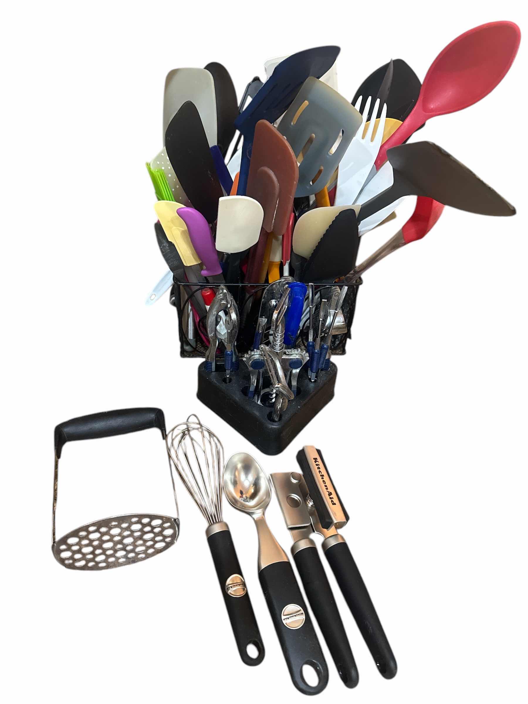 Photo 1 of KITCHEN & BAR UTENSILS, INCLUDING NEW KITCHEN AID CAN OPENER, ICE CREAM SCOOPED AND WHISK