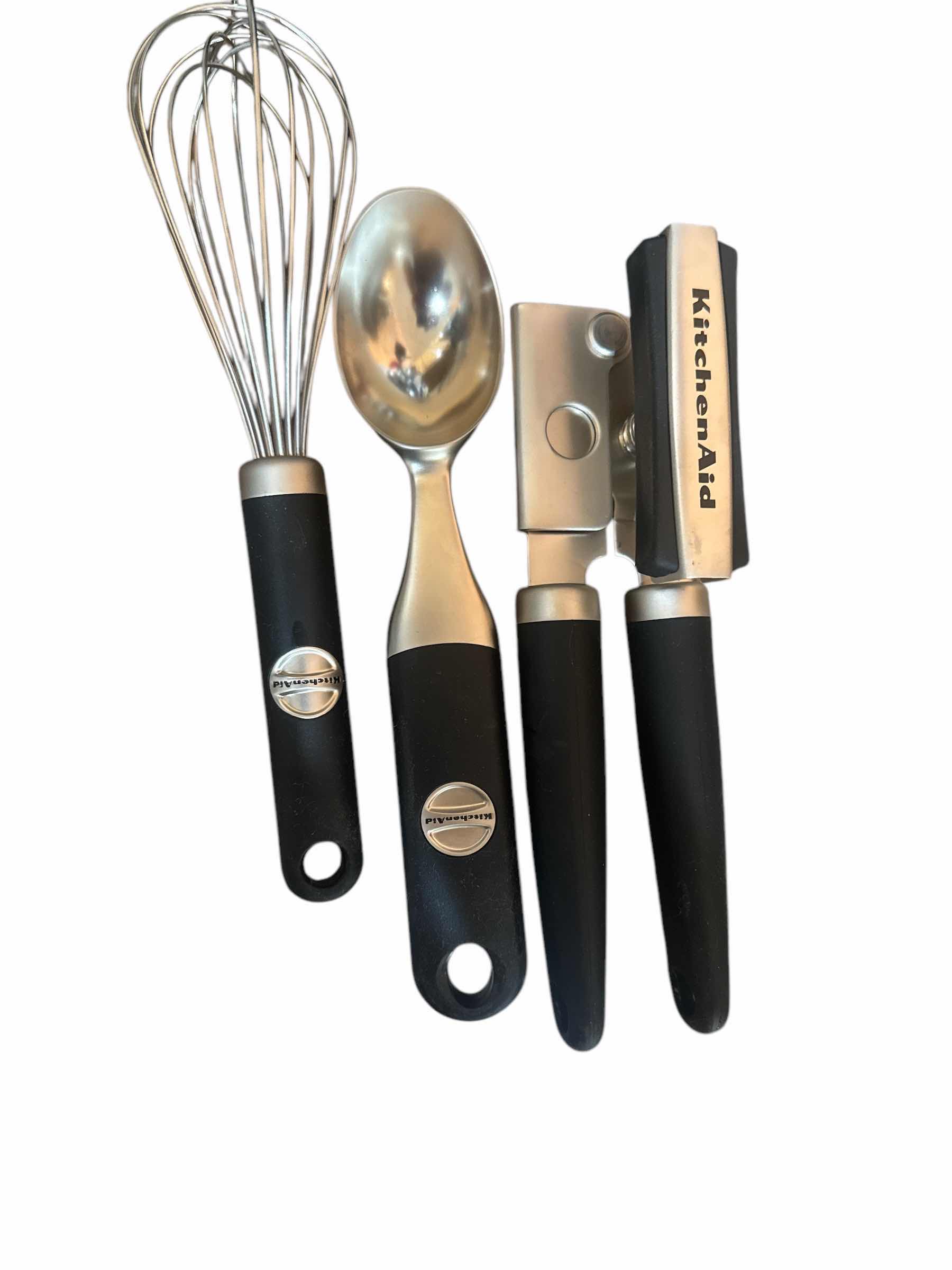 Photo 1 of KITCHEN & BAR UTENSILS, INCLUDING NEW KITCHEN AID CAN OPENER, ICE CREAM SCOOPED AND WHISK
