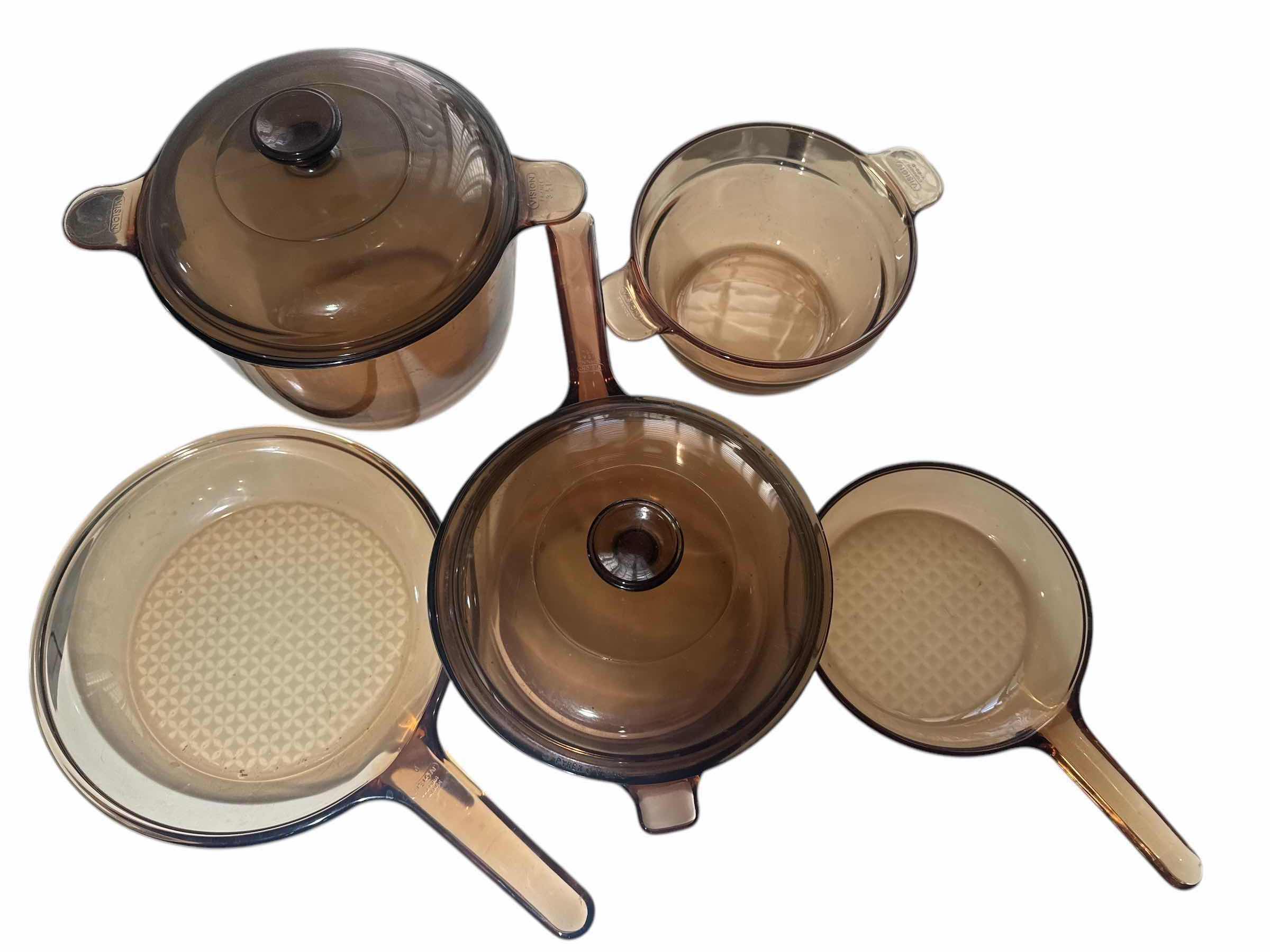 Photo 1 of 5 PIECE SET OF  VINTAGE CORNINGWARRE VISIONS-AMBER-POTS AND PANS