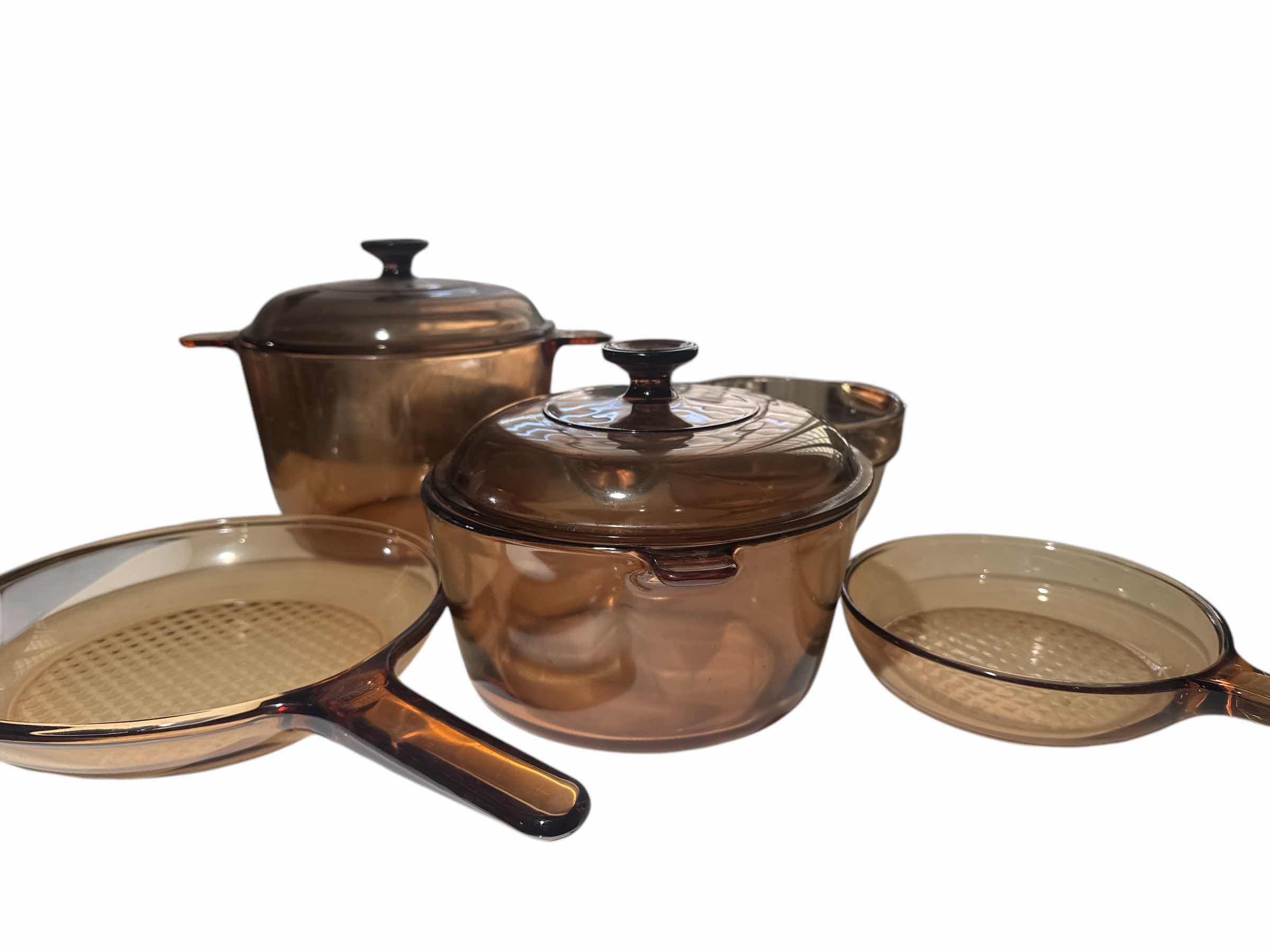 Photo 1 of 5 PIECE SET OF  VINTAGE CORNINGWARRE VISIONS-AMBER-POTS AND PANS