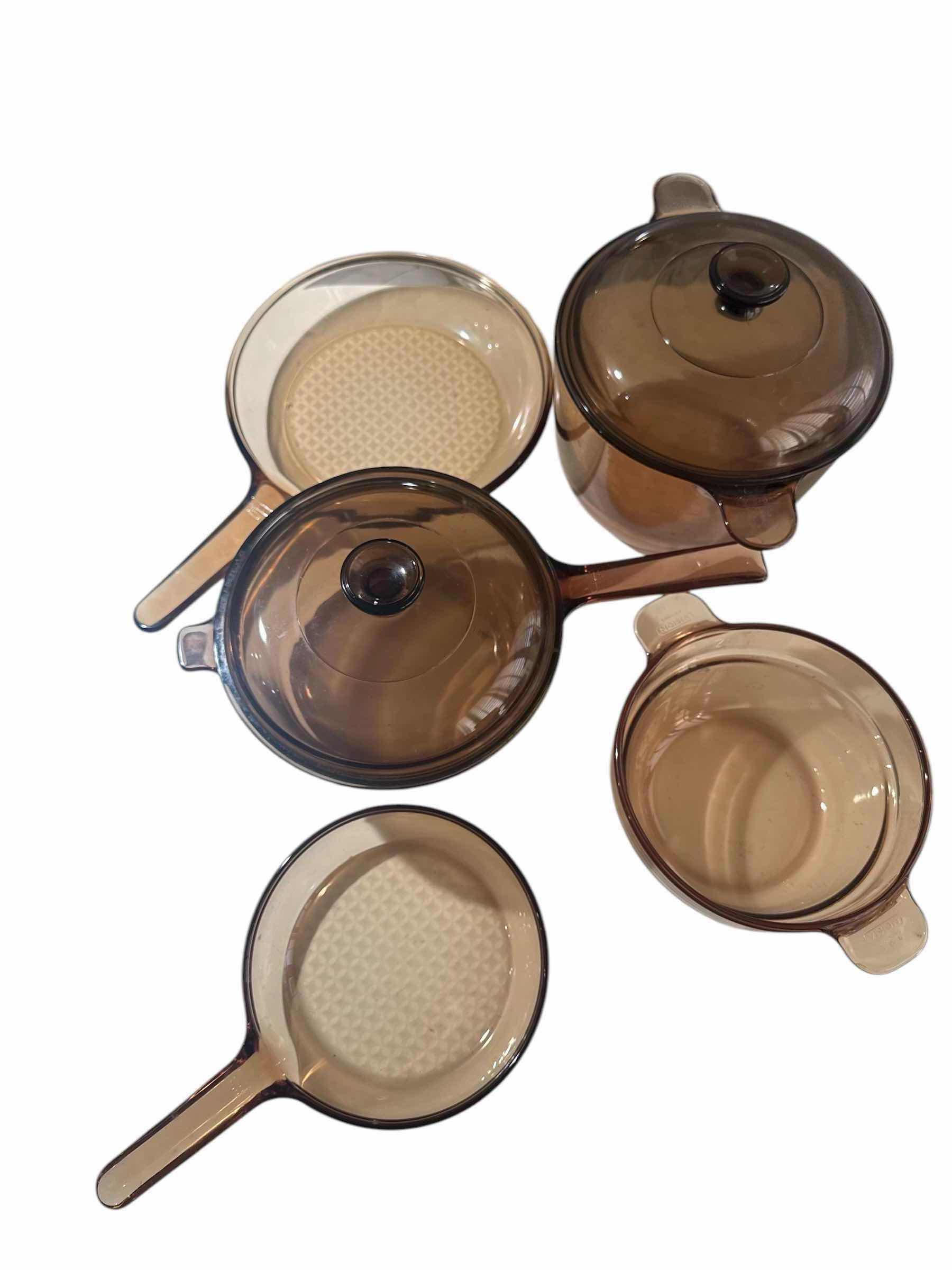 Photo 1 of 5 PIECE SET OF  VINTAGE CORNINGWARRE VISIONS-AMBER-POTS AND PANS