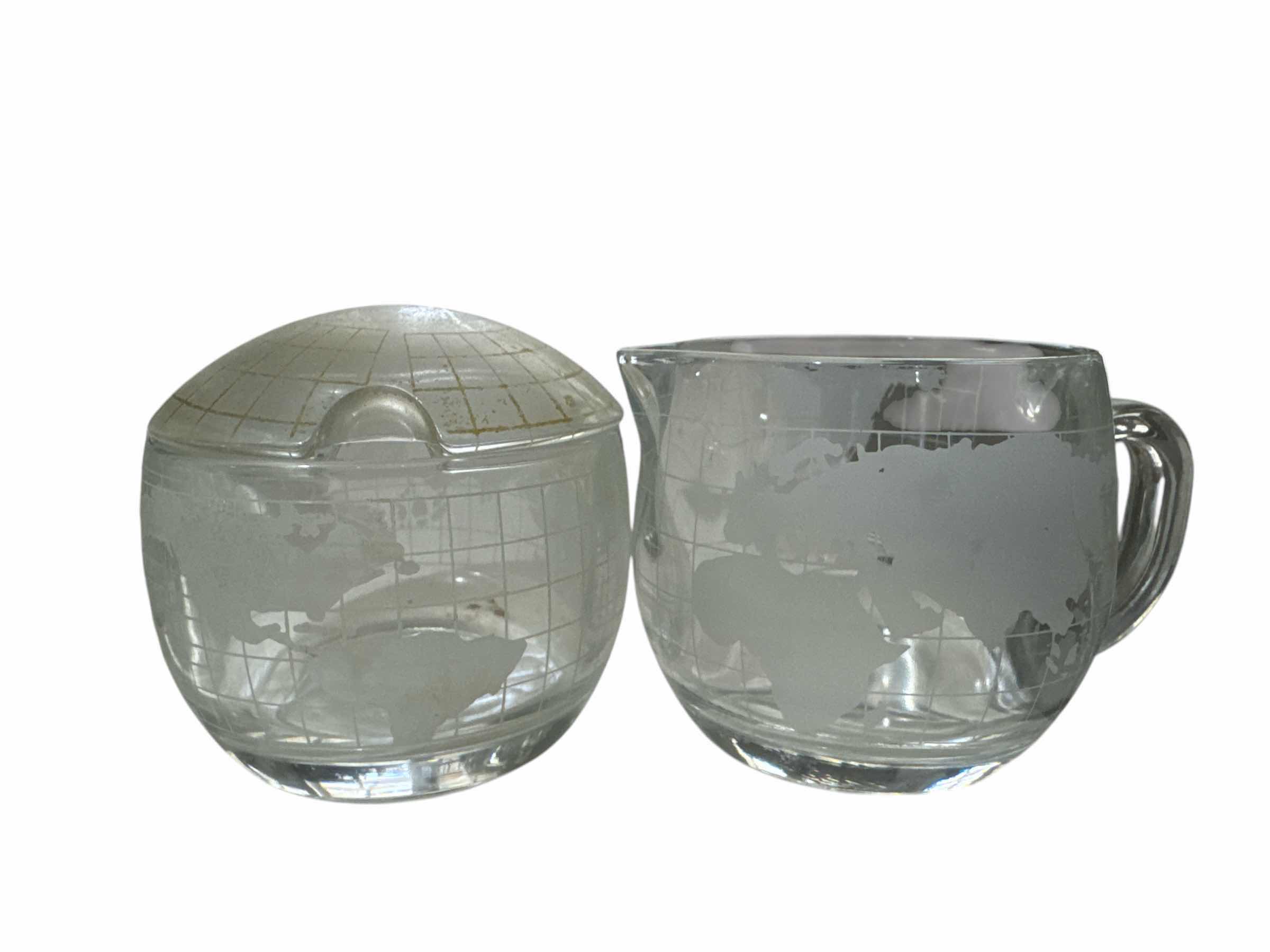 Photo 3 of 12-VINTAGE NESTLE NESCAFÉ 1970 WORLD GLOBE ETCHED FROSTED GLASS COFFEE CUPS & SUGAR AND CREAMER SET