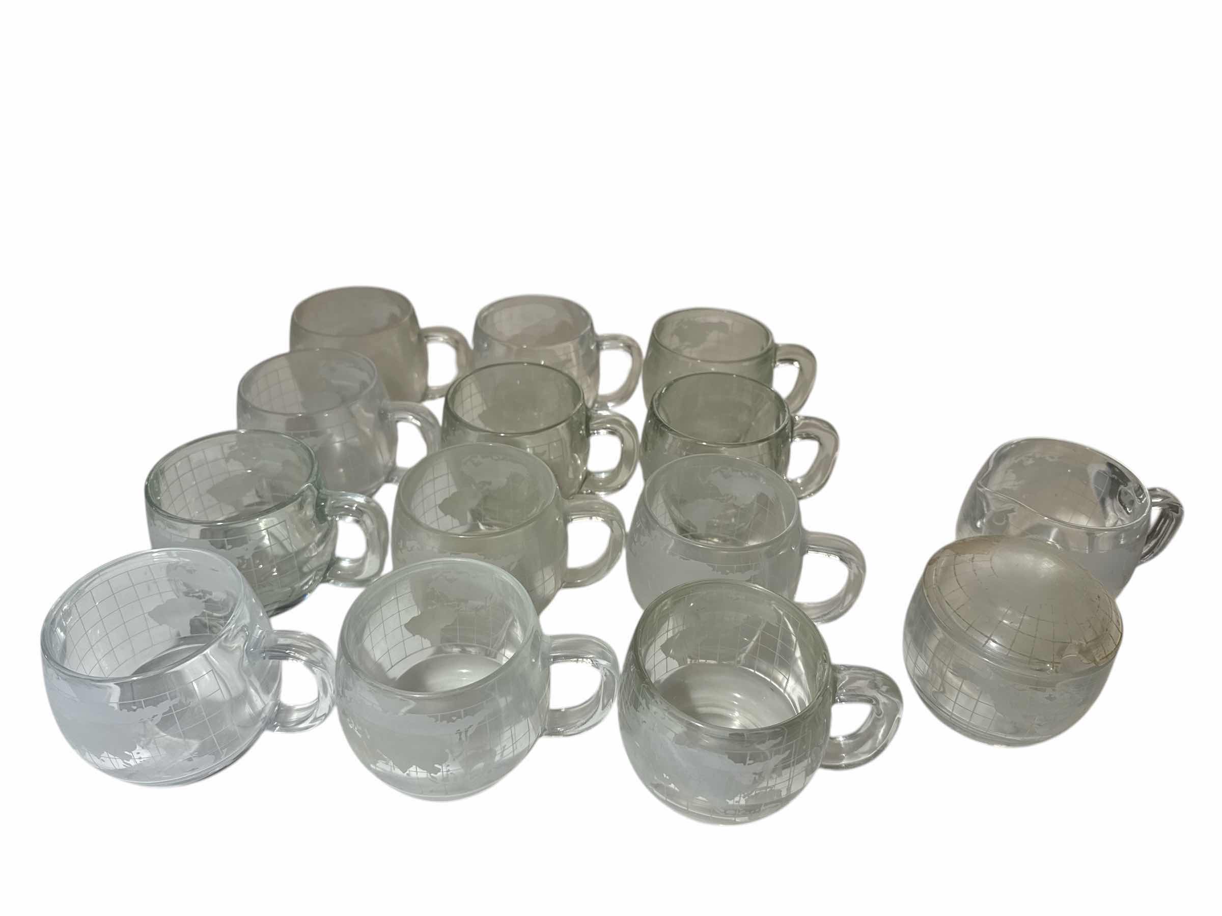 Photo 1 of 12-VINTAGE NESTLE NESCAFÉ 1970 WORLD GLOBE ETCHED FROSTED GLASS COFFEE CUPS & SUGAR AND CREAMER SET