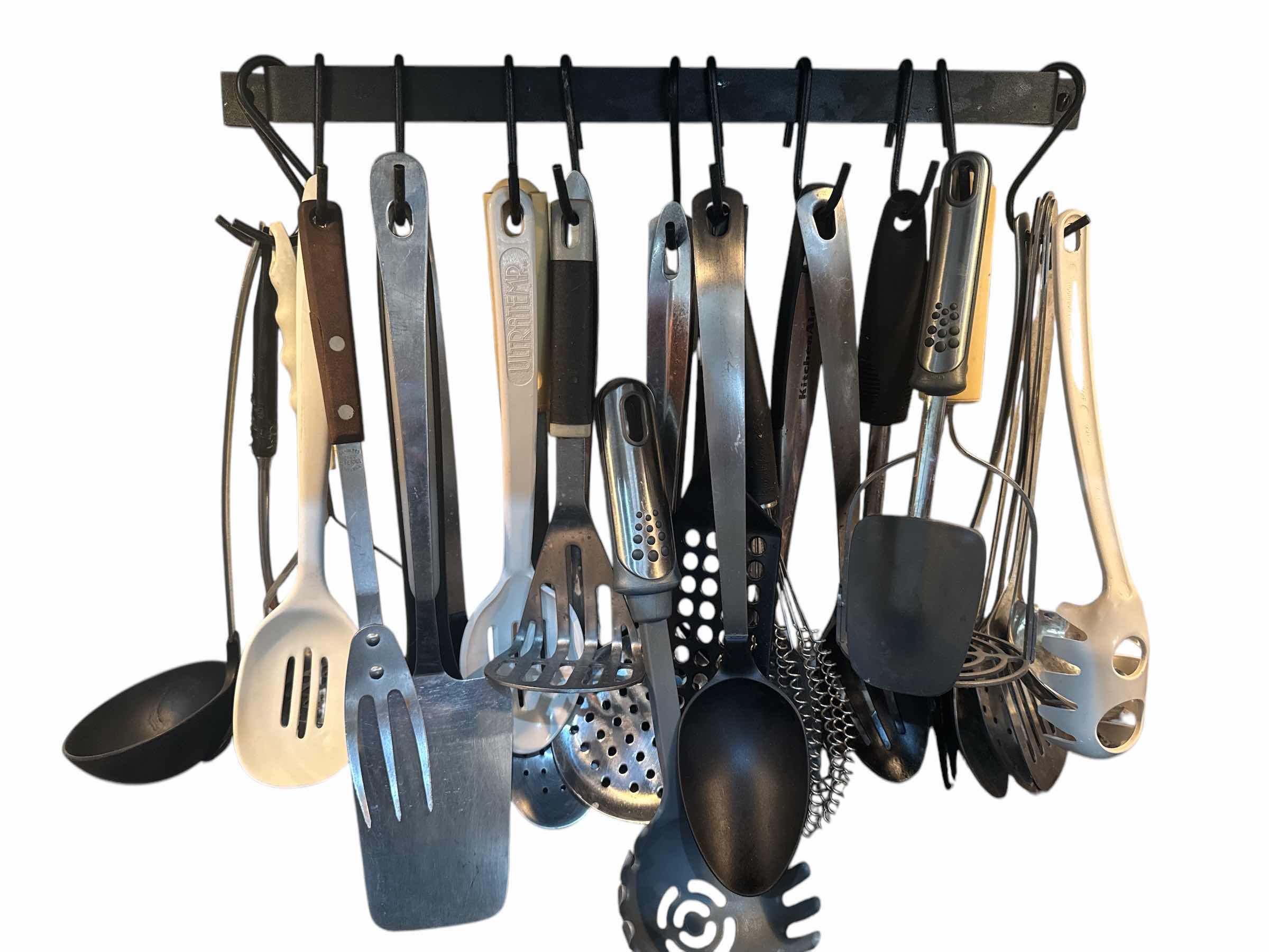 Photo 1 of COOKING UTENSILS- 3 MARBLE CROCKS OF UTENSILS AND (1) HANGING RACK OF UTENSILS