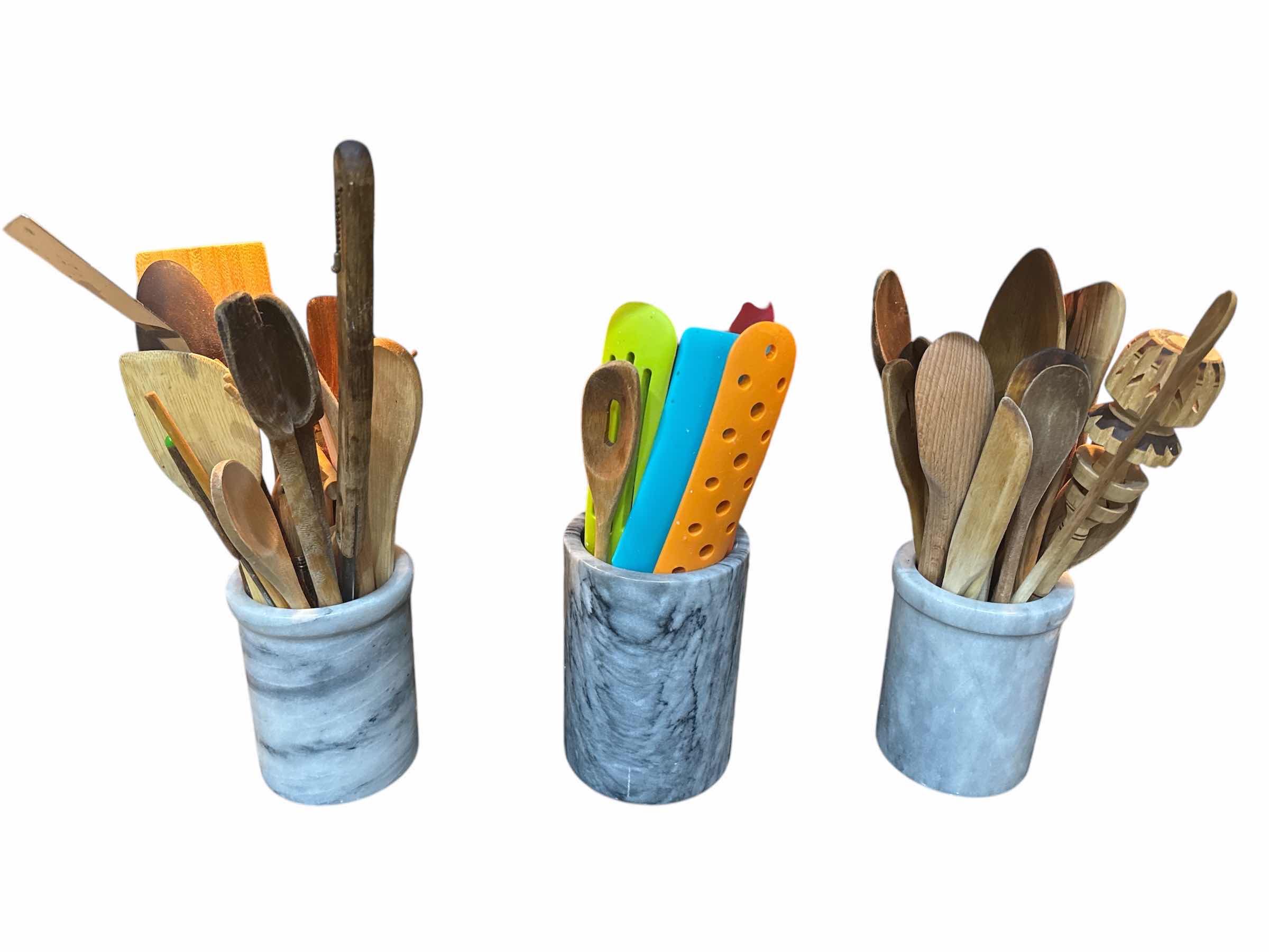 Photo 1 of COOKING UTENSILS- 3 MARBLE CROCKS OF UTENSILS AND (1) HANGING RACK OF UTENSILS