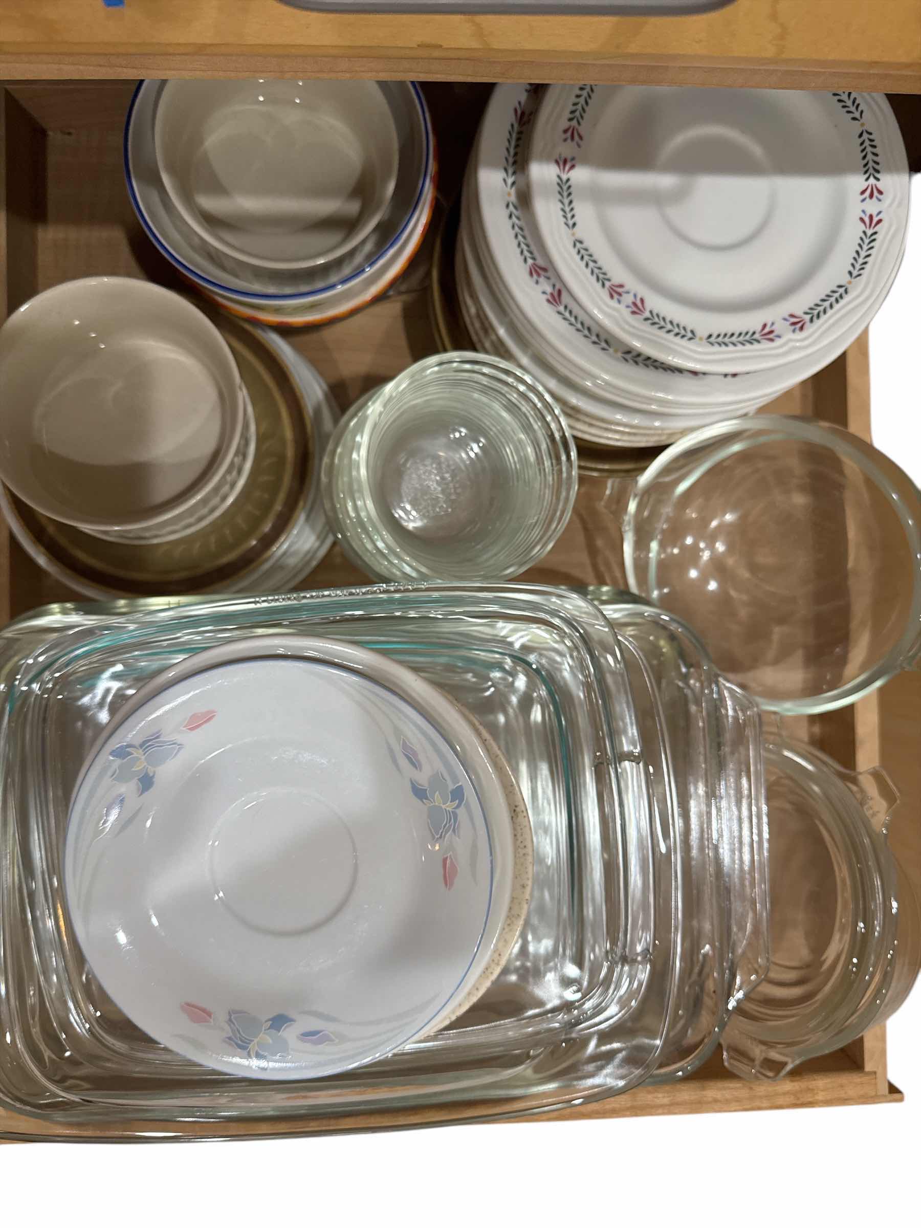Photo 1 of CONTENTS OF RIGHT CABINET- SALAD PLATES, PYREX, LIDS