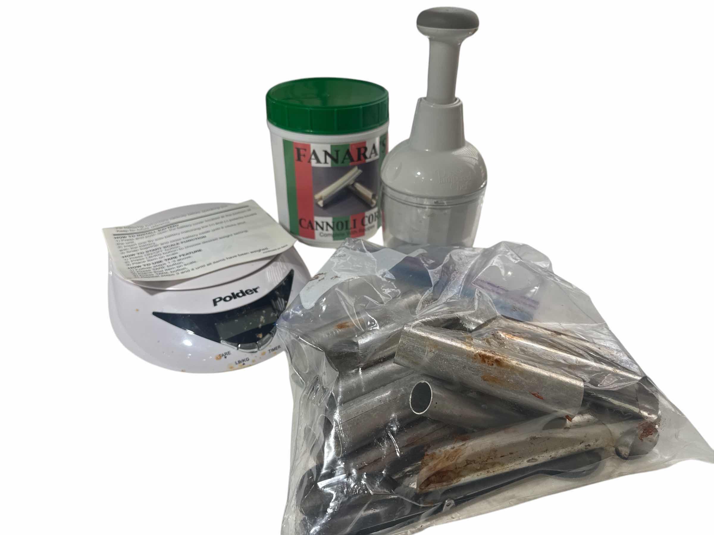 Photo 1 of 4 KITCHEN ITEMS (2) CANNOLI CORE SETS, PAMPERED CHEF CHOPPER, POLDER DIGITAL SCALE