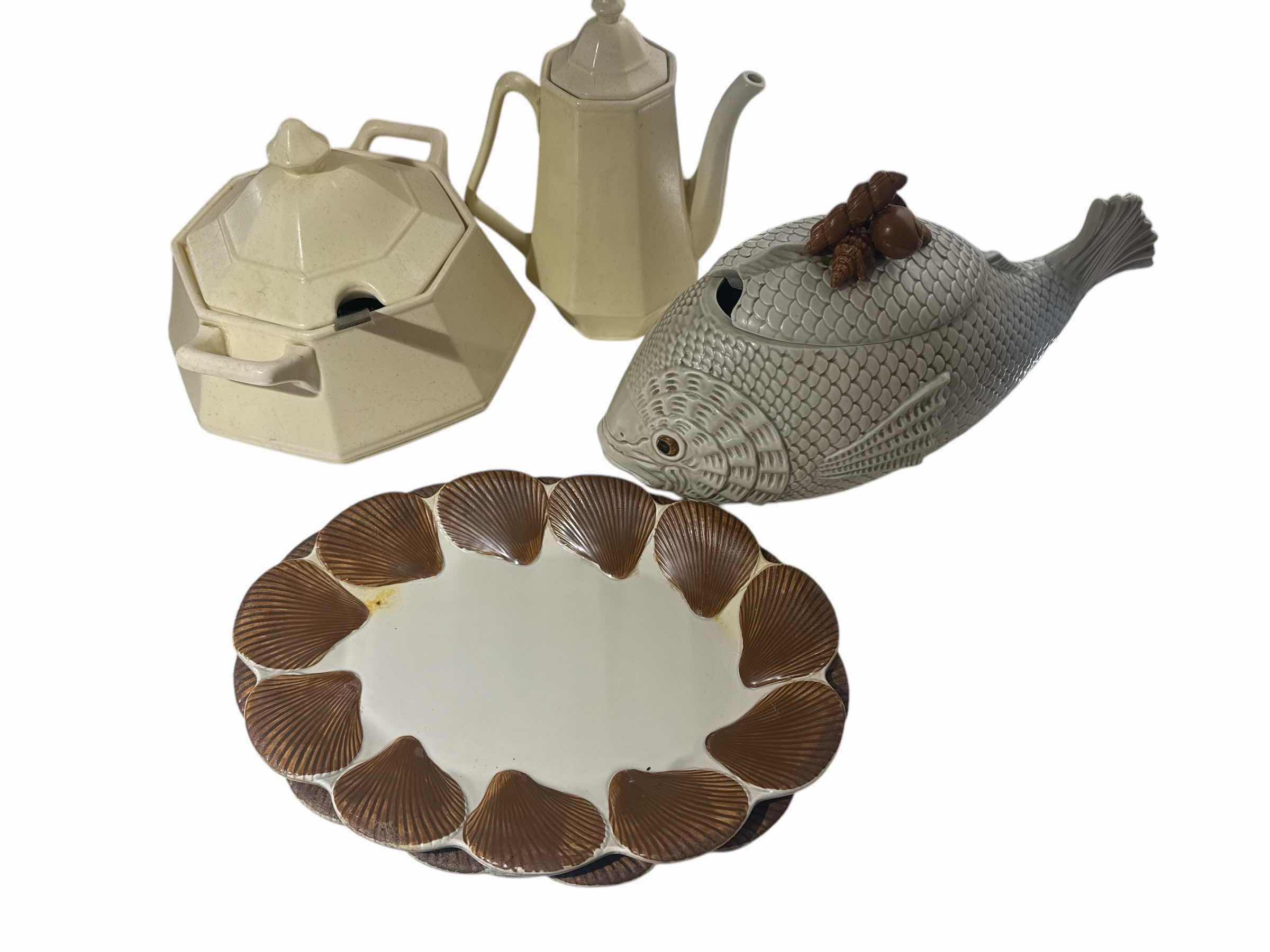 Photo 1 of 5 KITCHEN ITEMS- 2 SOUP TURINS, 2 FITZ & FLOYD PATTERNS, 1 PITCHER