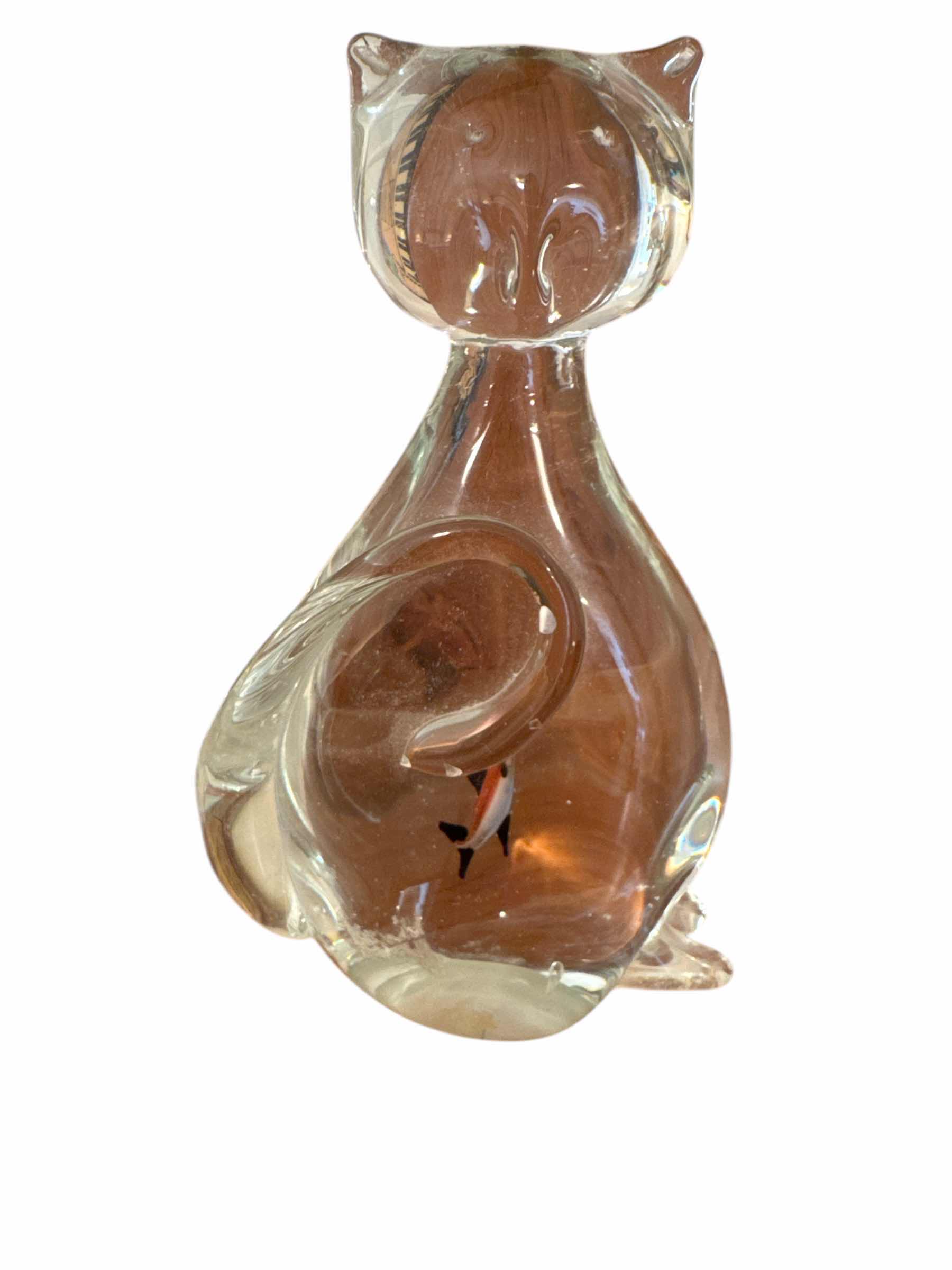Photo 1 of BLOWN GLASS KITTY WITH EMBEDDED FISH  H8”