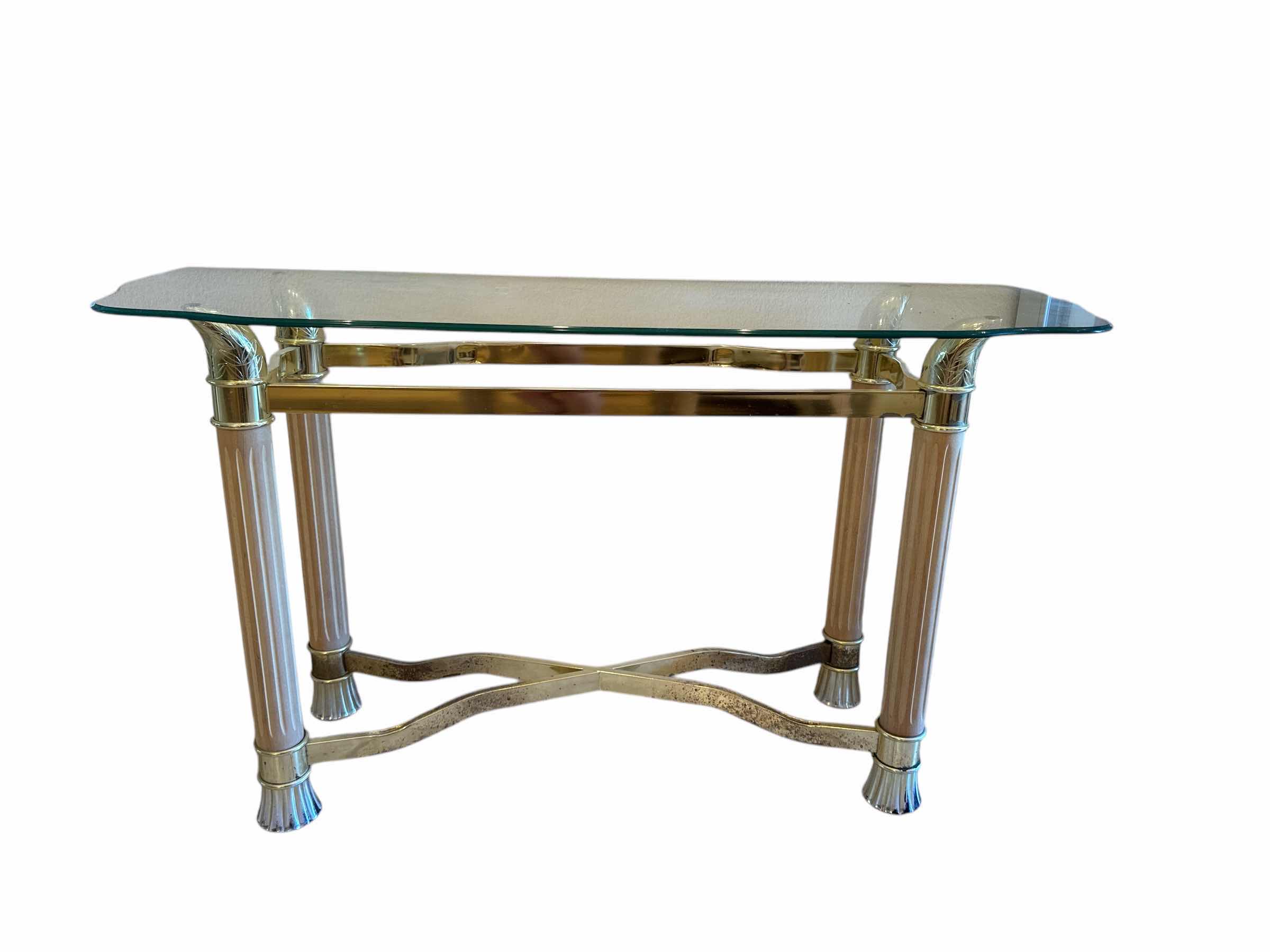 Photo 1 of BRASS AND GLASS CONSOLE TABLE 17“ x 46“ H26”