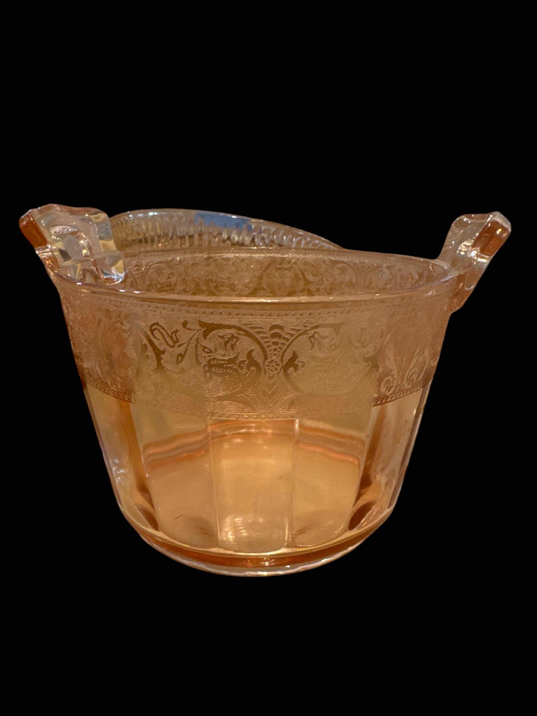 Photo 2 of 5 ETCHED PINK DEPRESSION GLASS PIECES, (1) BOWL, (4) SMALL GLASSES
