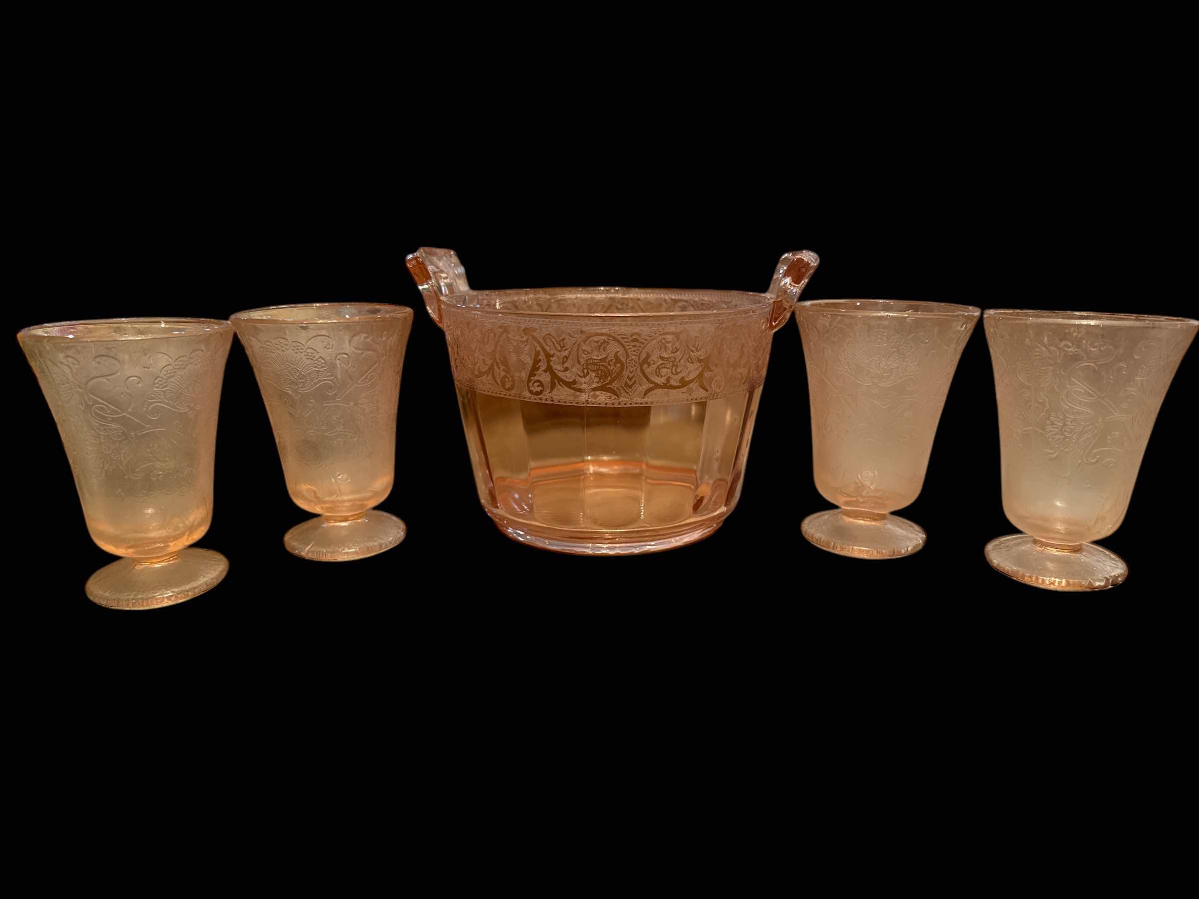 Photo 1 of 5 ETCHED PINK DEPRESSION GLASS PIECES, (1) BOWL, (4) SMALL GLASSES