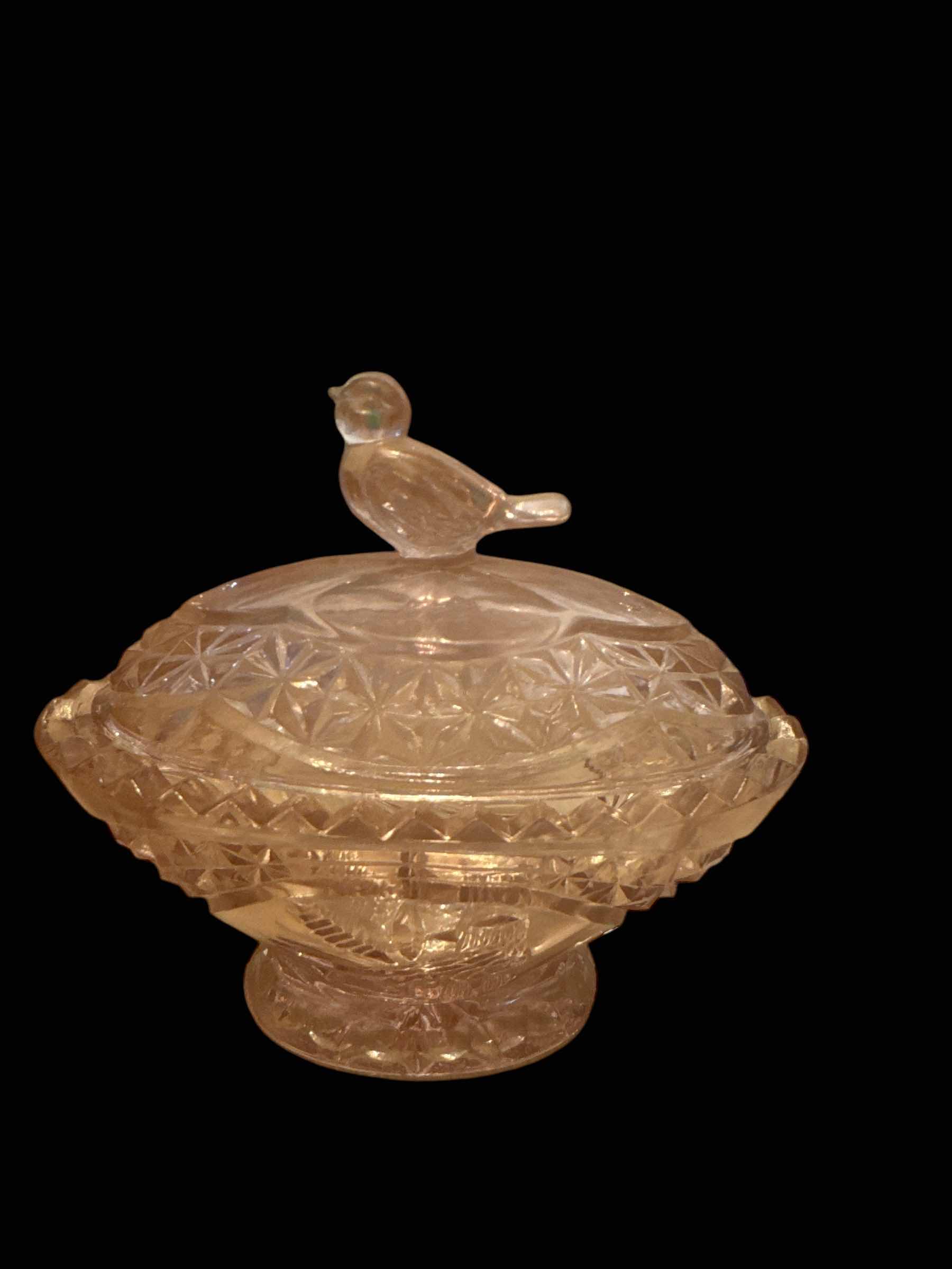 Photo 3 of 4 LIDDED DISHES WITH BIRD ACCENTS IN PINK DEPRESSION GLASS