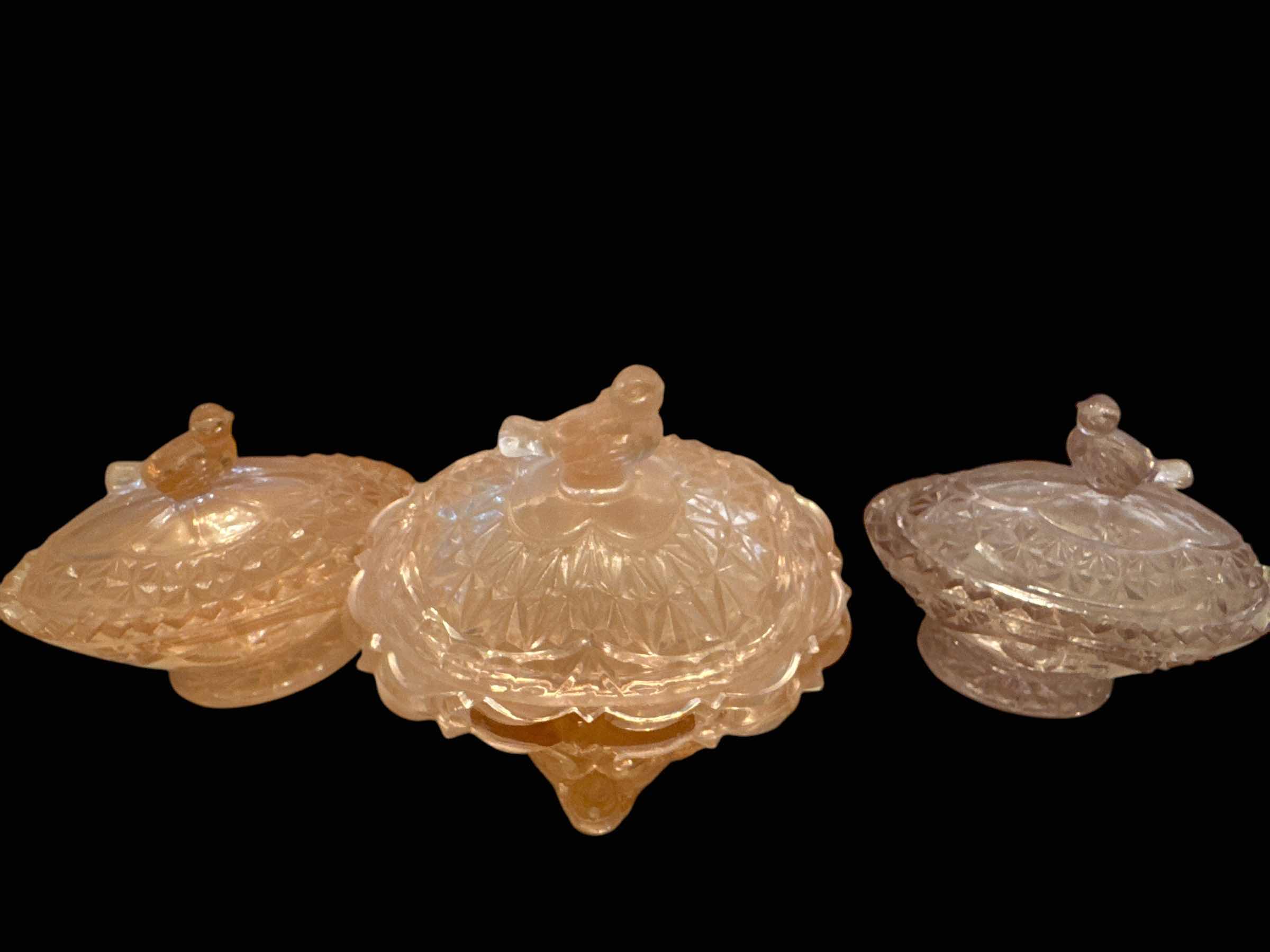 Photo 1 of 4 LIDDED DISHES WITH BIRD ACCENTS IN PINK DEPRESSION GLASS