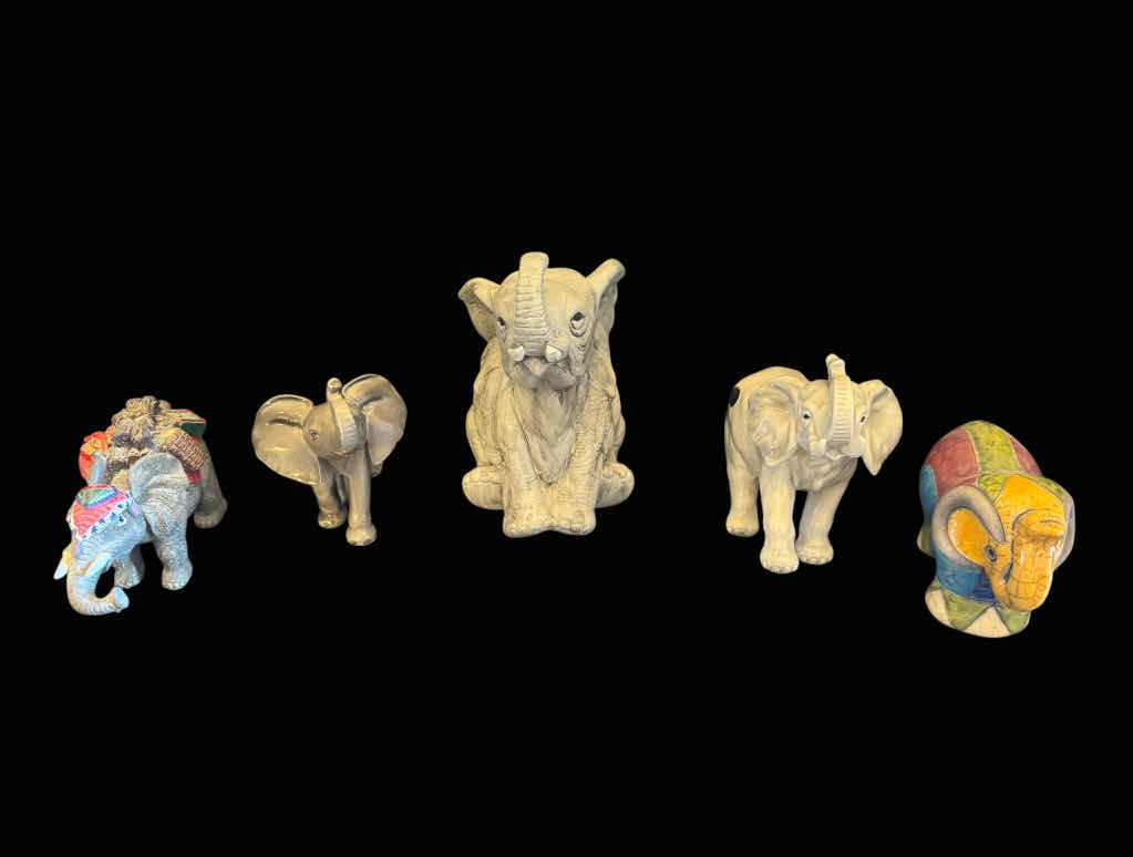 Photo 1 of 5- VINTAGE ELEPHANT FIGURINES, CERMAIC, PORCELAIN, AND RESIGN
5” X 7”H 
6”X 5”H
4.5” X 4”H
4” X 4”H 
5.5” X 4”H