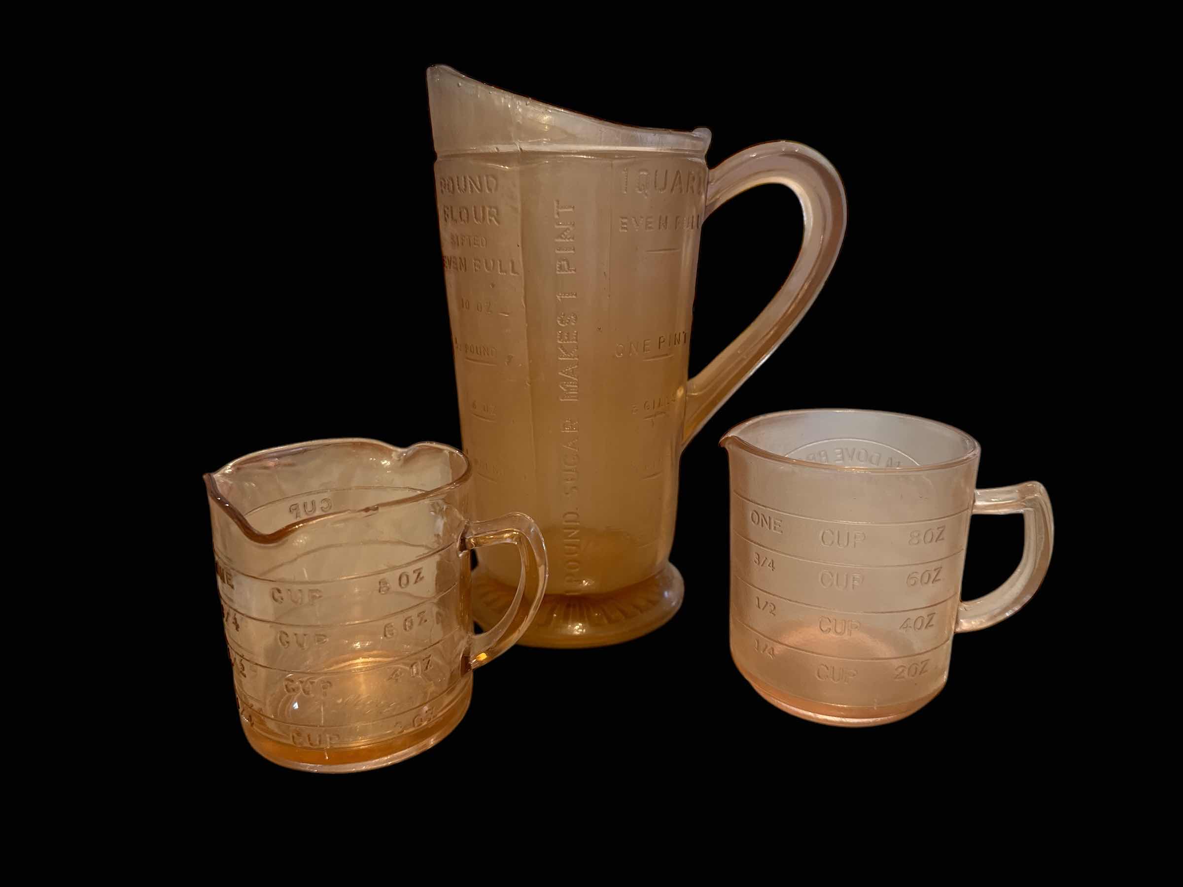 Photo 1 of 3 PINK DEPRESSION GLASS MEASURING CUPS & PITCHER