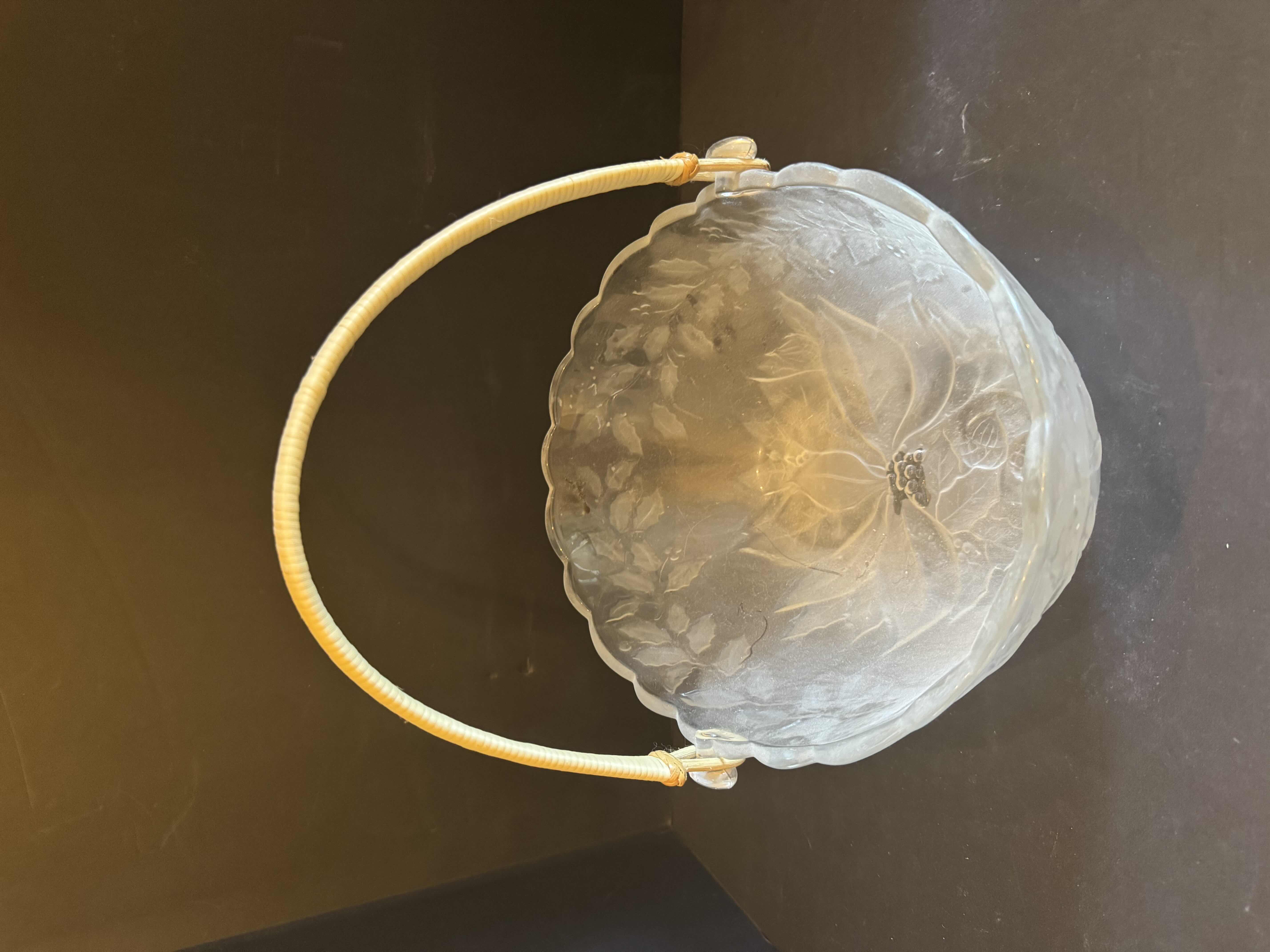 Photo 4 of ASSORTED VINTAGE GLASS, FRUIT BOWL BASKET, 3 CANDY DISHES, CANDLE HOLDER, 5 ITEMS

FRUIT BOWL BASKET
11” X 8.5” XH4.5”