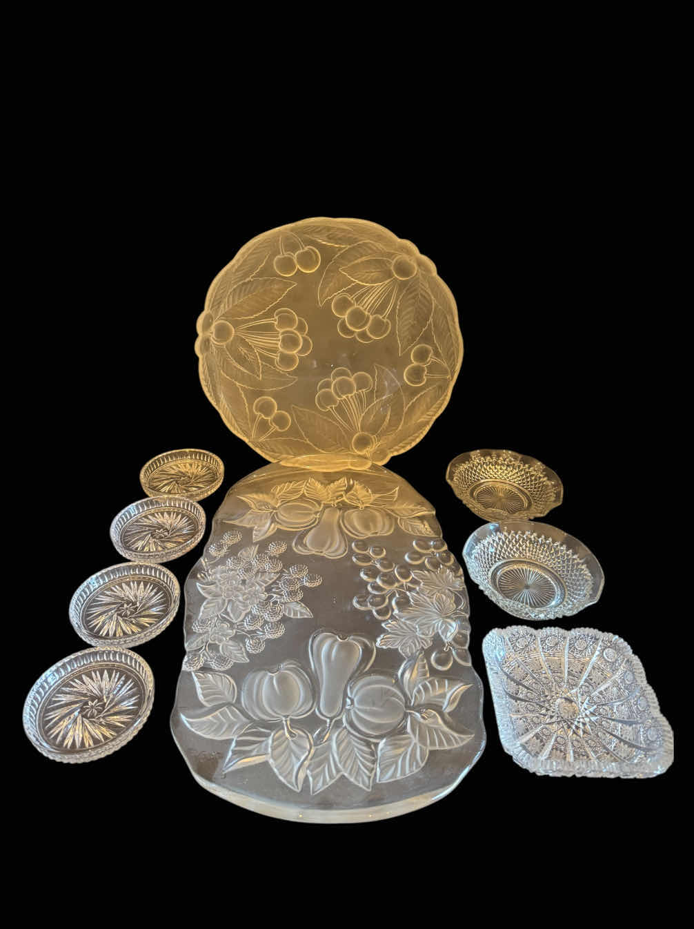 Photo 1 of ASSORTED VINTAGE GLASS, 2 SERVING TRAYS, 4 COASTERS, 3 CANDY DISHES, 9 ITEMS 
 
SERVING TRAY
D12” X H1”

LONG SERVING TRAY
16” X 9.5” X H1”