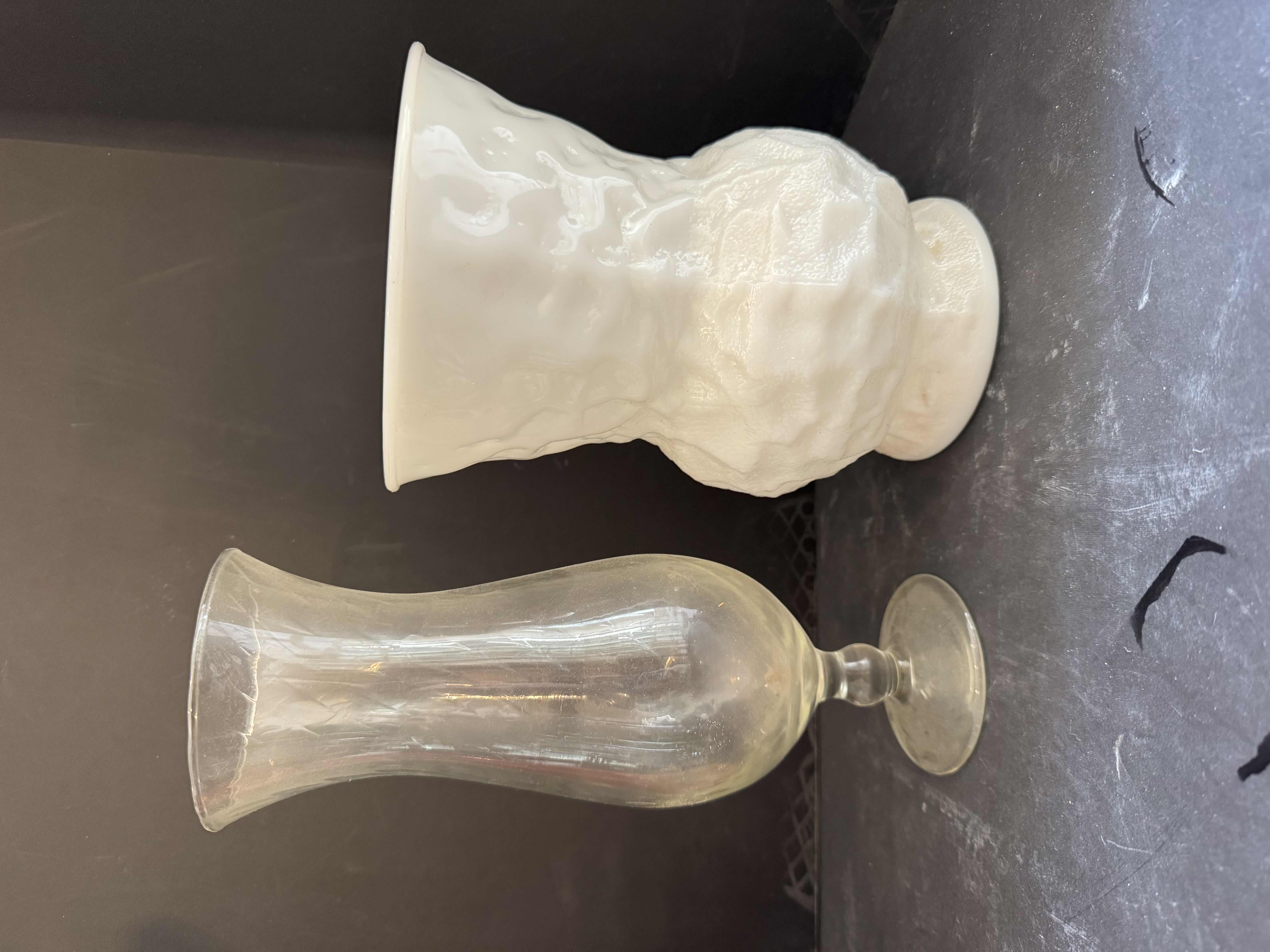 Photo 3 of ASSORTED GLASS FLOWER VASES, 7 ITEMS
ORANGE/WHITE VASE
D4.5” X H13.5”

WHITE VASE 
D5.5” X H8.5”

CLEAR VASES 
H9” AND SMALLER