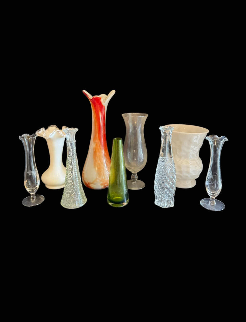 Photo 1 of ASSORTED GLASS FLOWER VASES, 7 ITEMS
ORANGE/WHITE VASE
D4.5” X H13.5”

WHITE VASE 
D5.5” X H8.5”

CLEAR VASES 
H9” AND SMALLER