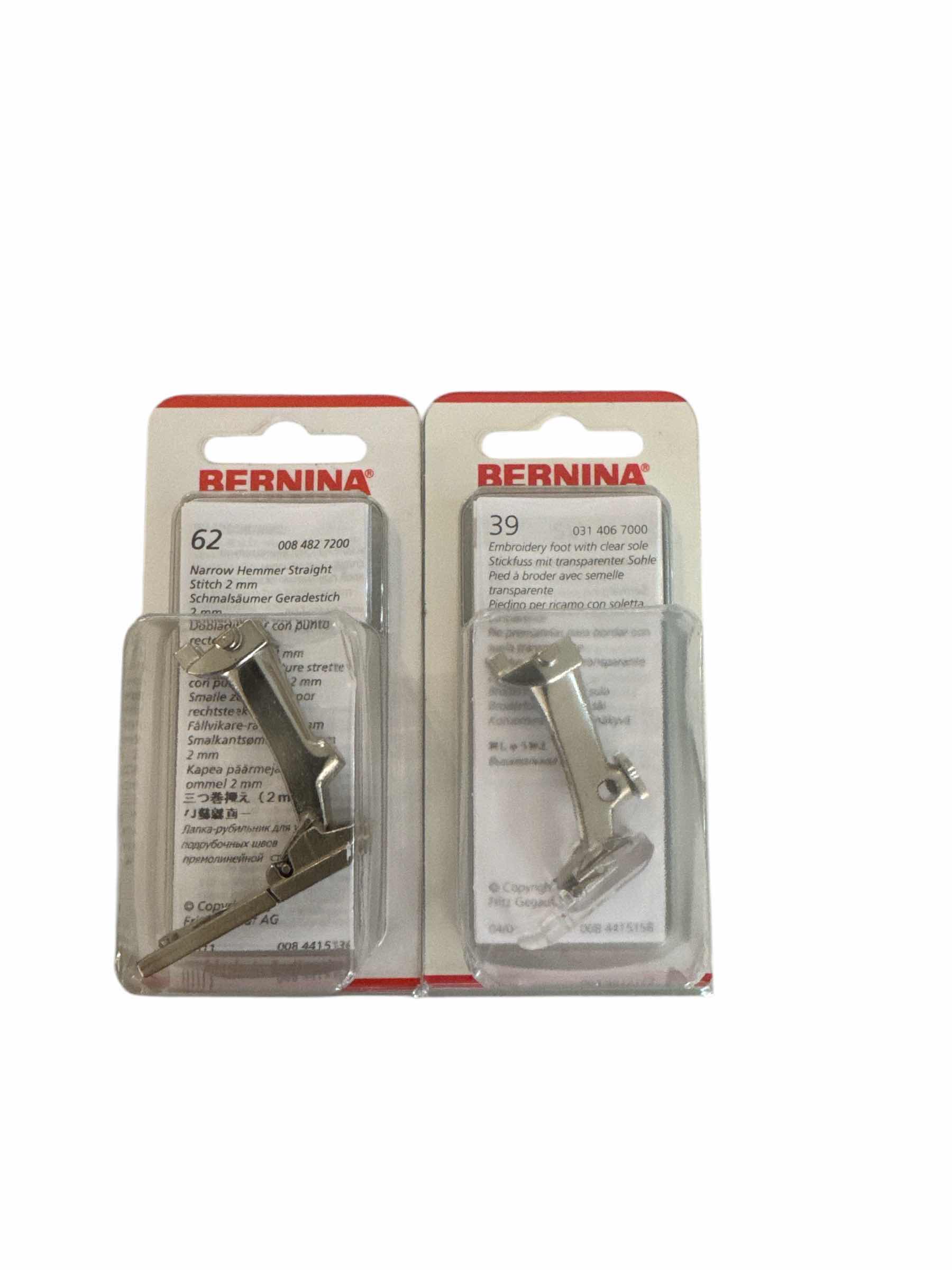 Photo 1 of BERNINA PRESSER FOOT #62 & #39
NARROW HEMMER STRAIGHT STITCH 2MM & EMBROIDERY FOOT WITH CLEAR SOLE