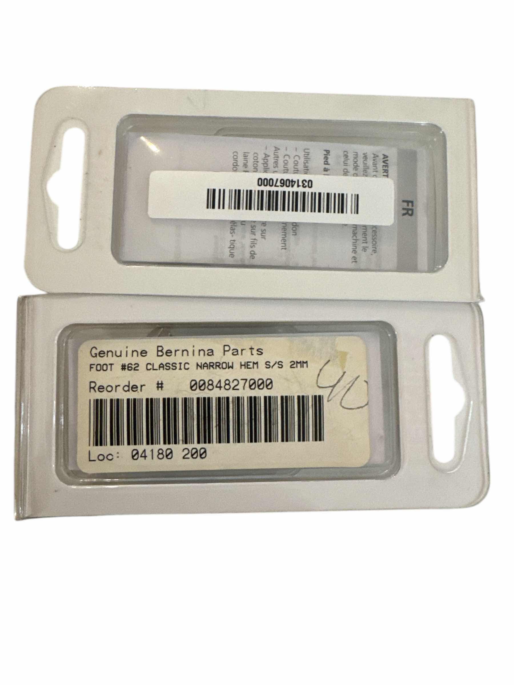 Photo 1 of BERNINA PRESSER FOOT #62 & #39
NARROW HEMMER STRAIGHT STITCH 2MM & EMBROIDERY FOOT WITH CLEAR SOLE