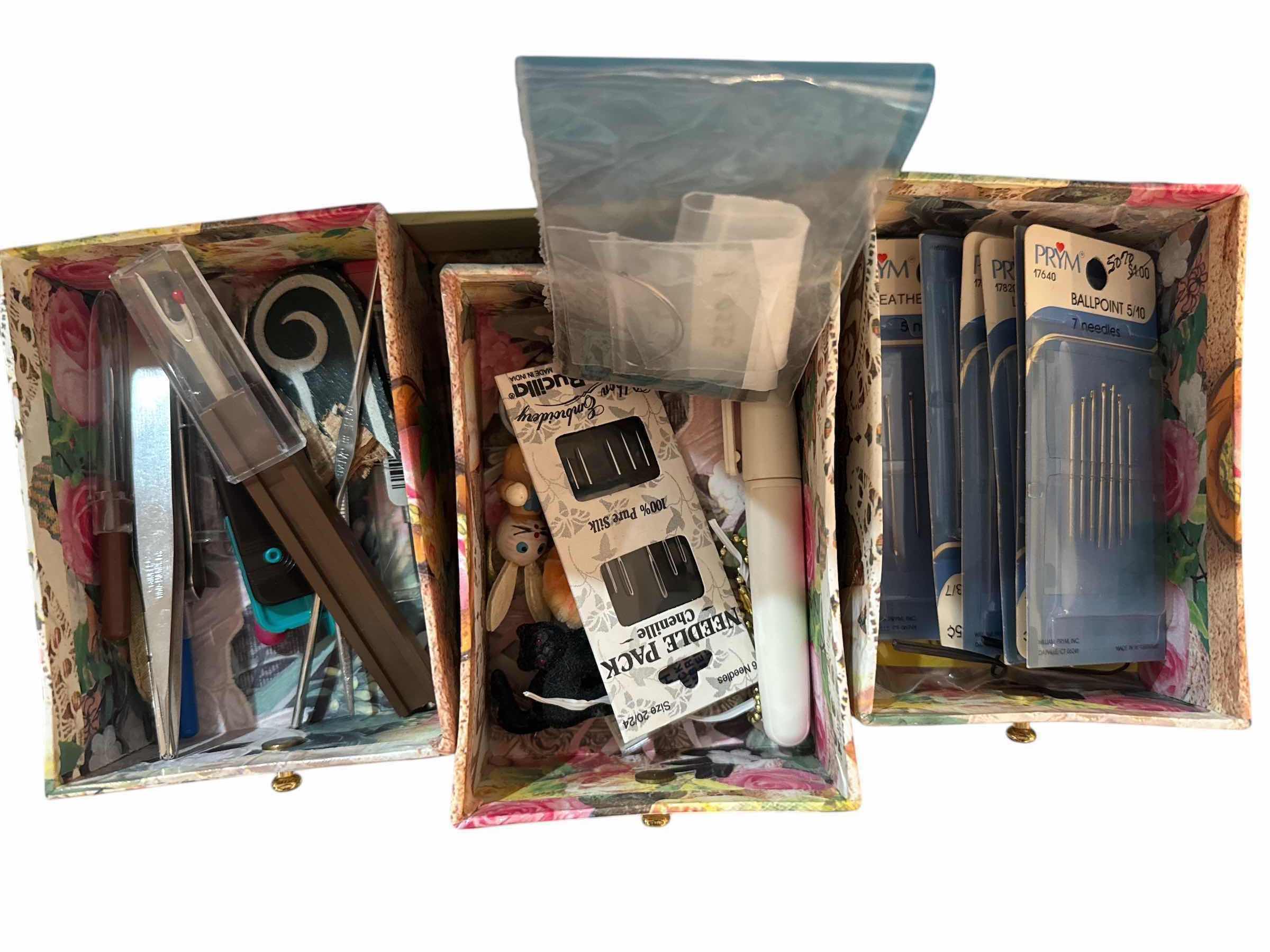 Photo 1 of 3 CONTAINERS (1 IS EMPTY) OF MISCELLANEOUS CRAFTING ITEMS