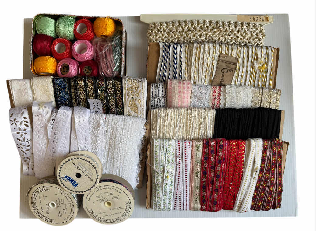 Photo 1 of ASSORTED CRAFTING ITEMS, SEWING, CRAFTING ACCESSORIES, RIBBONS, THREADS, LACE TRIMS