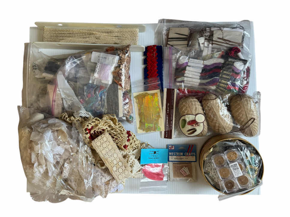Photo 1 of ASSORTED CRAFTING ITEMS, SEWING, CRAFTING ACCESSORIES, RIBBONS, THREADS, LACE TRIMS