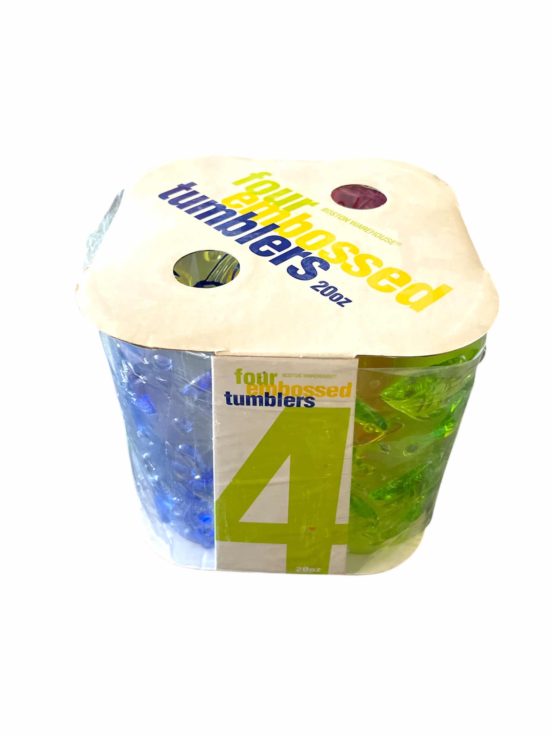 Photo 1 of FOUR EMBOSSED TUMBLERS 20 OZ 2003 BOSTON WAREHOUSE