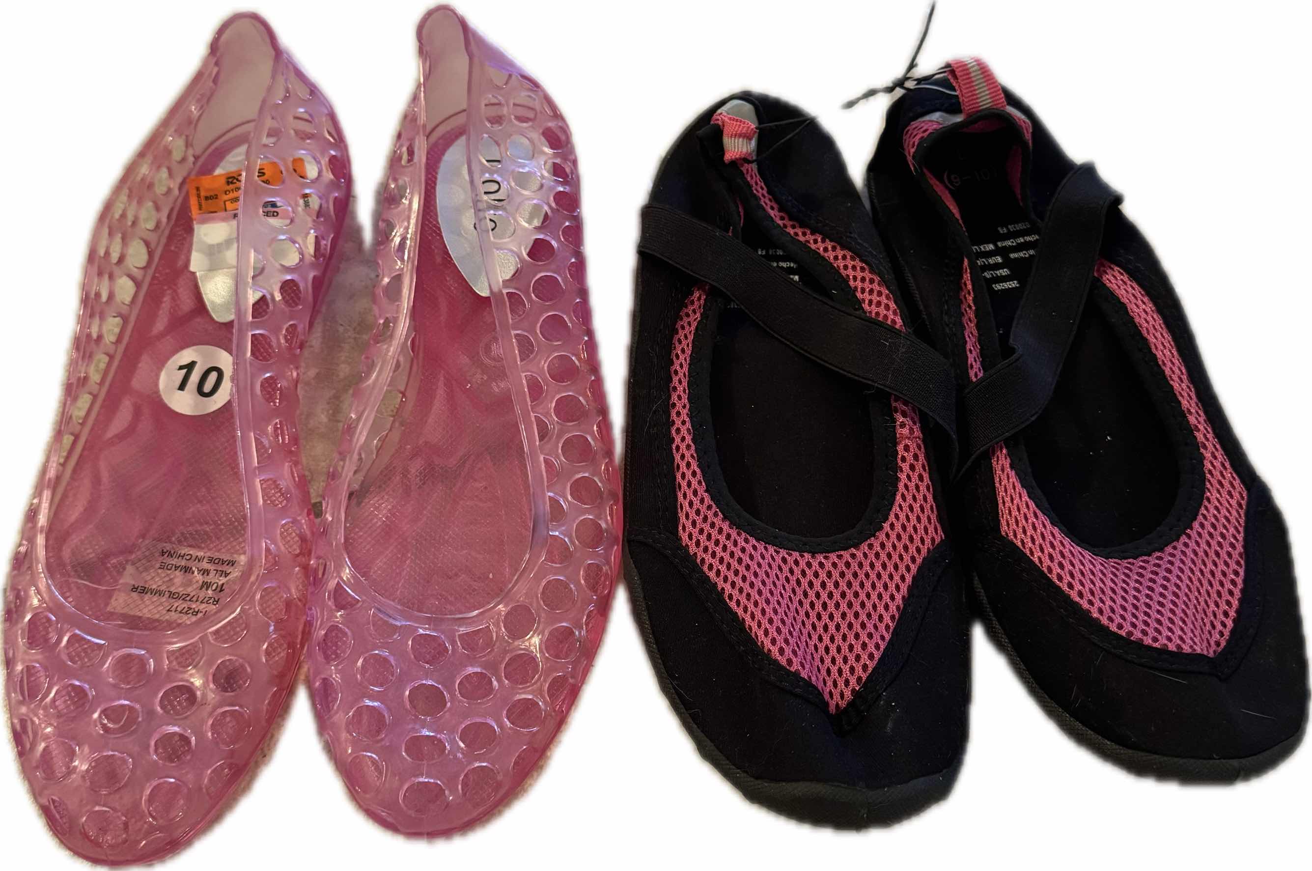Photo 1 of 2- WOMENS SHOES, PINK RIALTO JELLY BALLET FLATS AND BLACK/PINK WATER SHOES, SIZE 10