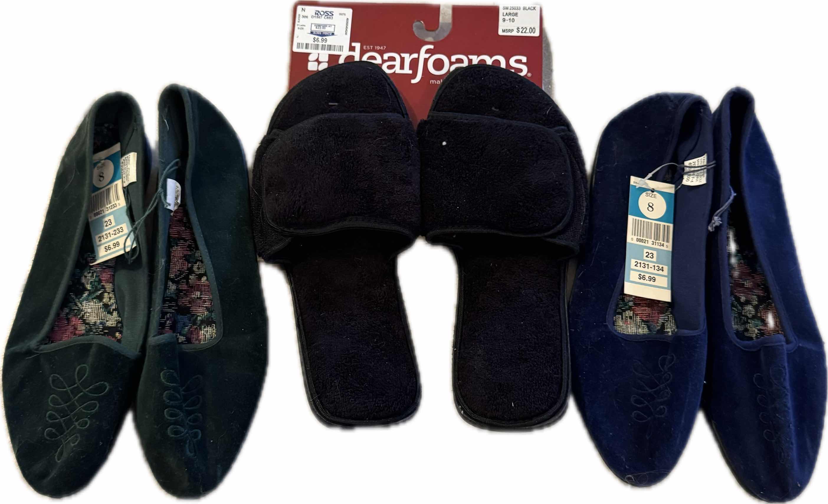 Photo 1 of 3- NEW WOMENS SHOES SIZE 8, BLUE AND GREEN JUST FOR KICKS SLIP ON SHOES. BLACK FOAM SLIPPERS SIZE LARGE