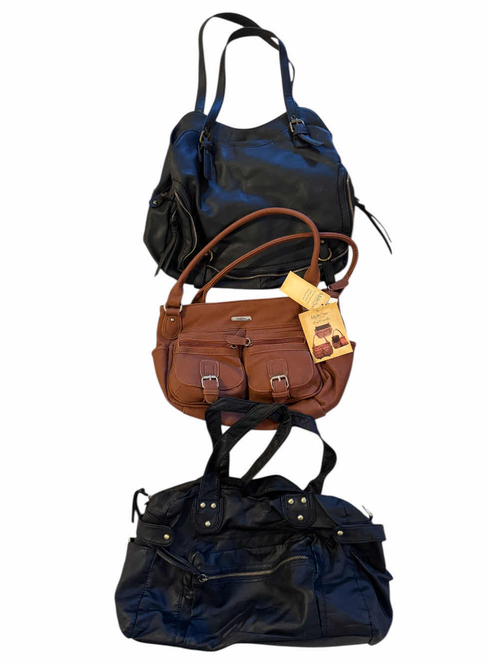 Photo 1 of 3- WOMENS HANDBAGS PURSES, BROWN MULTISAC, 2- BLACK FAUX LEATHER HANDBAGS