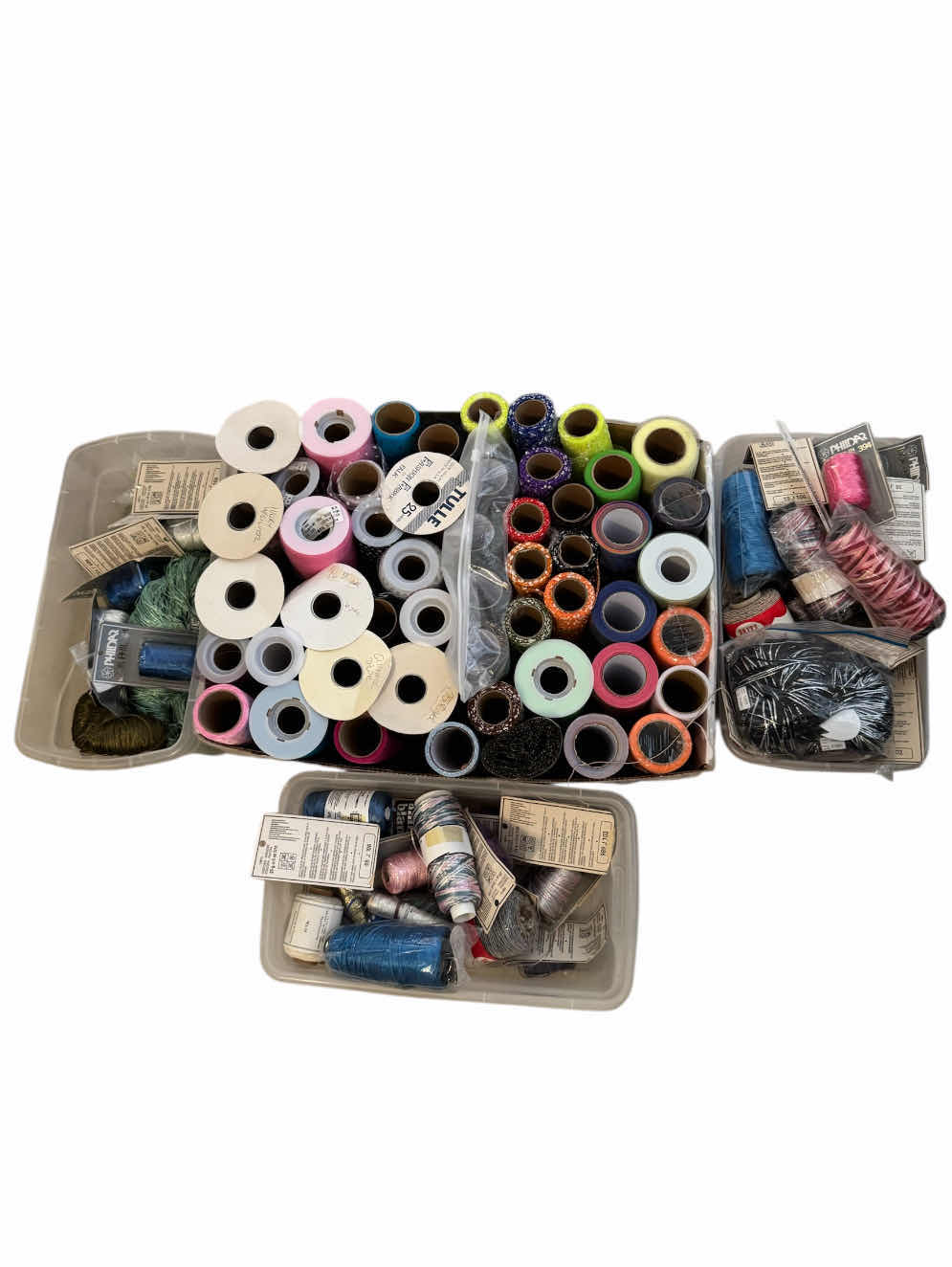 Photo 1 of BOX OF ASSORTED THREAD, YARN, TULLE, MULTICOLOR