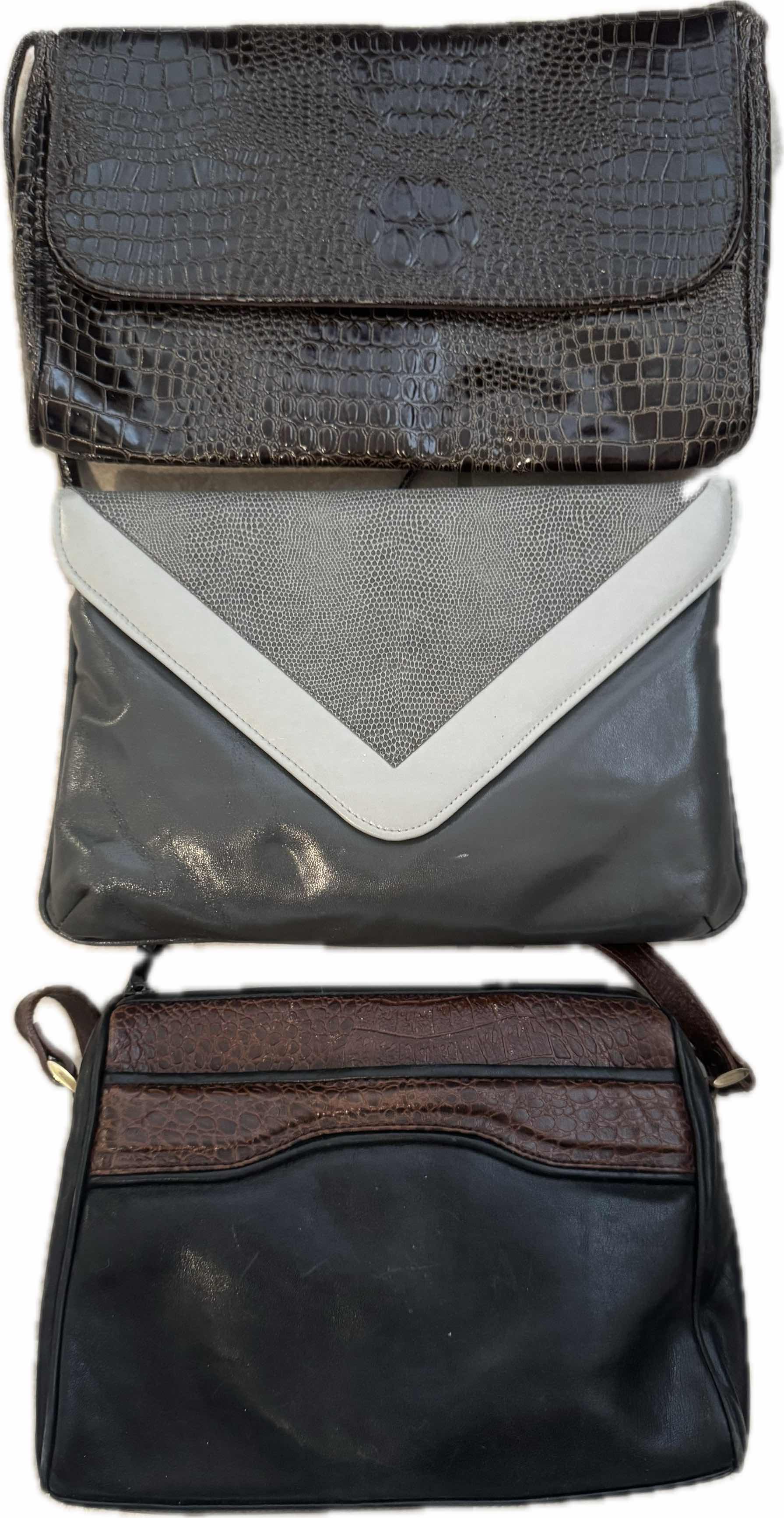 Photo 1 of 3- WOMENS HANDBAGS PURSES, DARK BROWN LEATHER TJW HANDBAG, GRAY/BLACK FAUX LEATHER HANDBAG PURSE, BLACK/BROWN FAUX LEATHER HANDBAG