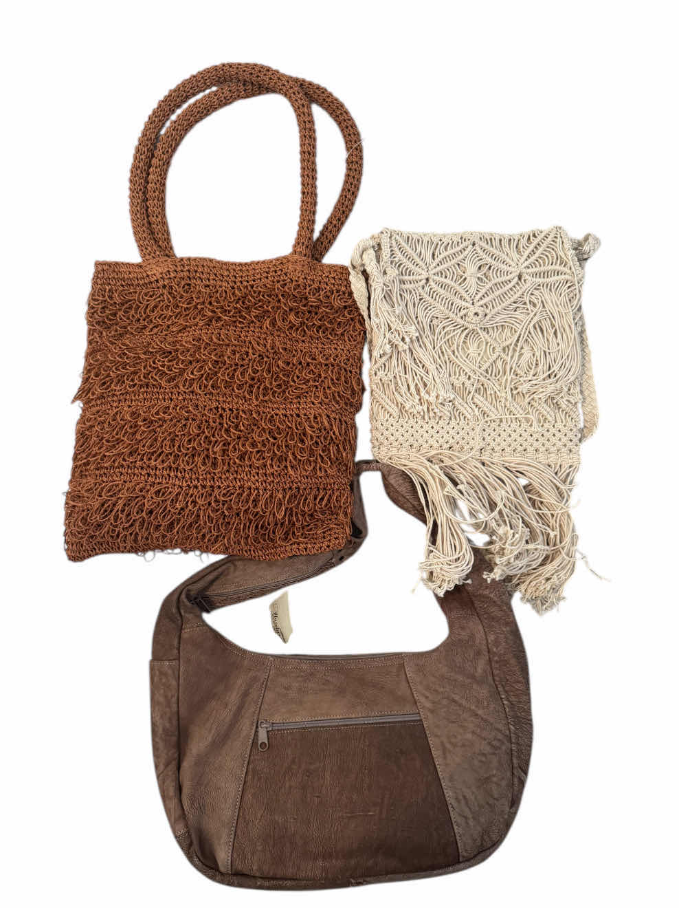 Photo 1 of 3- WOMENS HANDBAGS PURSES, BOHO FASHION, BROWN LEATHER HANDBAG, BEIGE MACRAME HANDBAG CROSSBODY, TAN STRAW HANDBAG PURSE