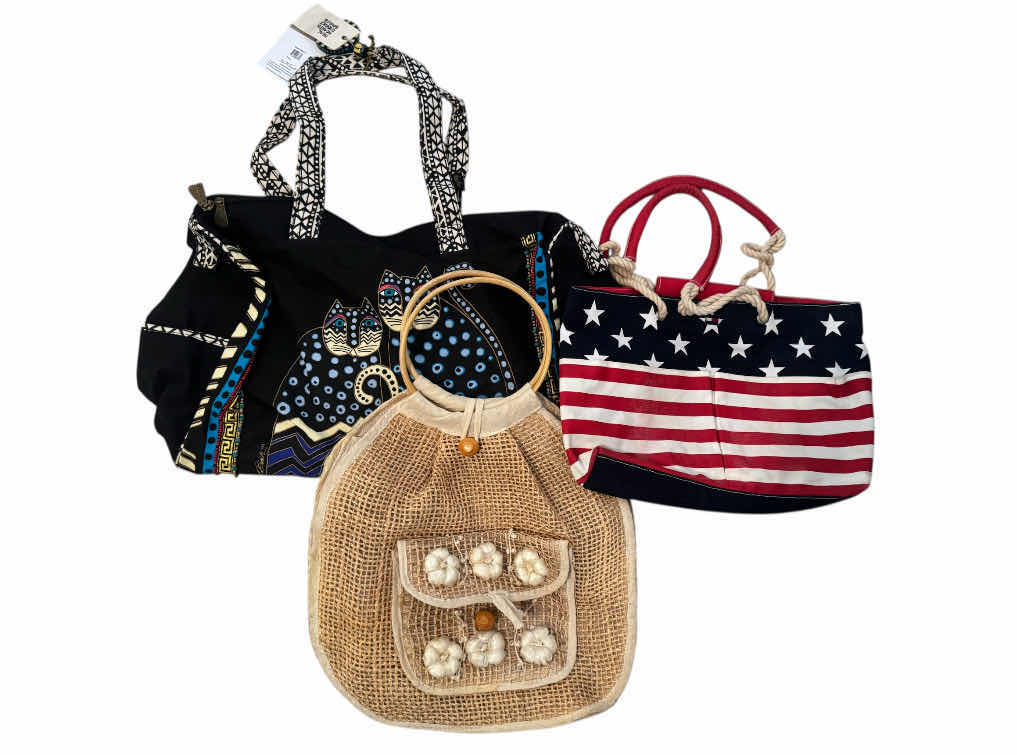 Photo 1 of 3- WOMENS HANDBAGS PURSES TOTES, LAUREL BURCH CAT TOTE, TOMMY HILFIGIRE AMERICAN FLAG TOTE, STRAW HANDBAG PURSE