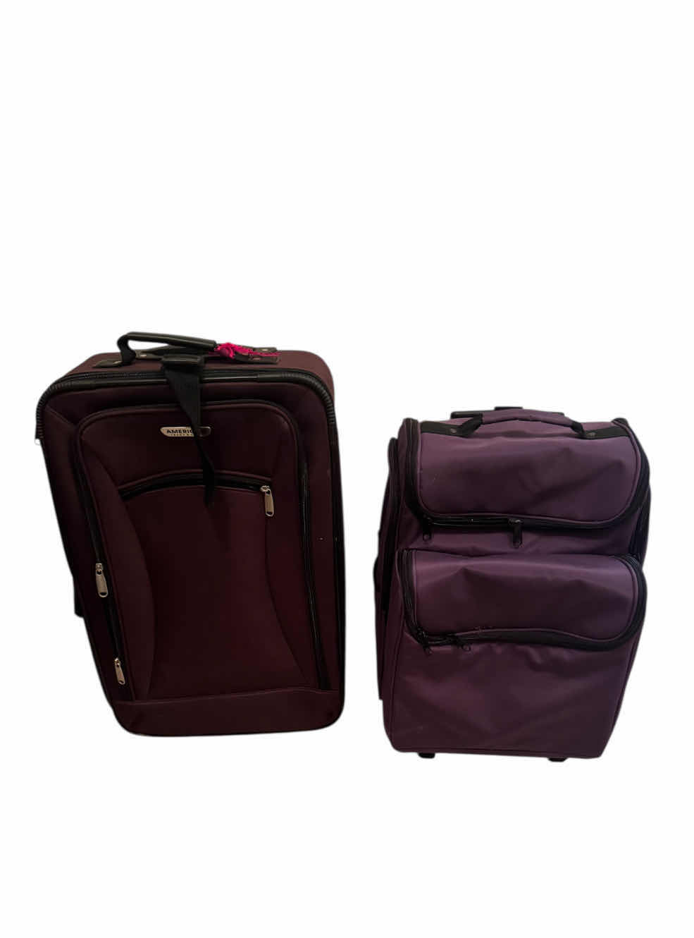 Photo 1 of 2- LUGGAE, TRAVEL SUITCASES, ROLLING LUGGAGE SUITCASES, DARK PURPLE 
14” X  7” X H22”
13” X 12” X H18.5”