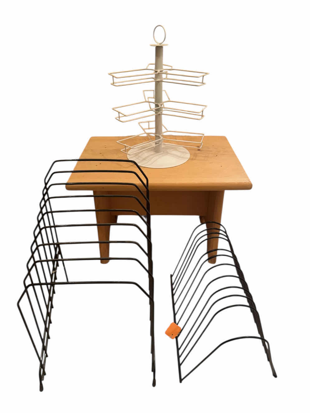 Photo 1 of 4- DESK ORGANIZER, BLACK METAL FILE ORGANIZERS, WHITE ROTATING ORGANIZER, WOODEN FOOT REST, DESK FOOT REST. FOOT REST 15” X11” X H10”. BLACK METAL ORGANIZER  8” X 10” X H12”. 7” X 10” X H6.5” WHITE ROTATING ORGANIZER. D9” X H11”