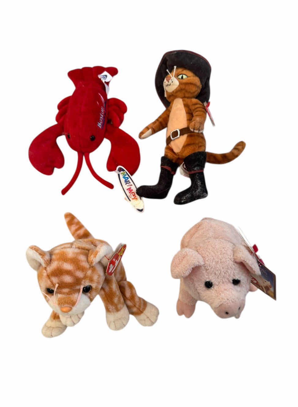 Photo 4 of 60
6- STUFFED ANIMALS, GUND BROWN GRIZZLY BEAR, BLACK CAT, LOBSTER, BEANIE BABY; PUSS N BOOTS, WILBUR, AMBER TIGER

BEAR 
 H13”

BLACK CAT
W19”