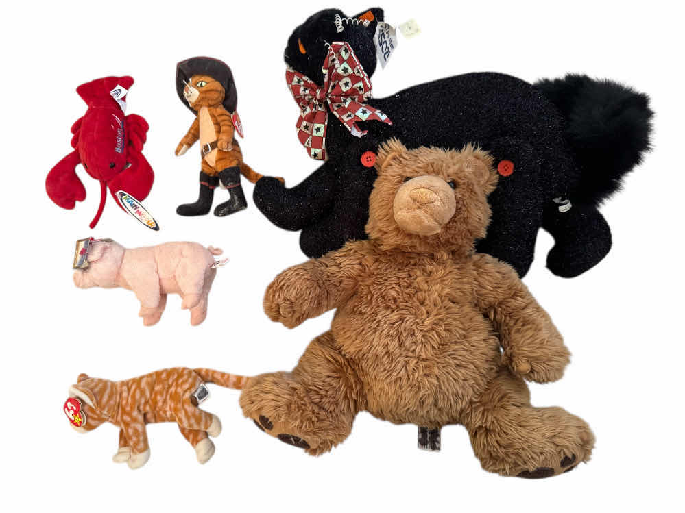 Photo 1 of 60
6- STUFFED ANIMALS, GUND BROWN GRIZZLY BEAR, BLACK CAT, LOBSTER, BEANIE BABY; PUSS N BOOTS, WILBUR, AMBER TIGER

BEAR 
 H13”

BLACK CAT
W19”