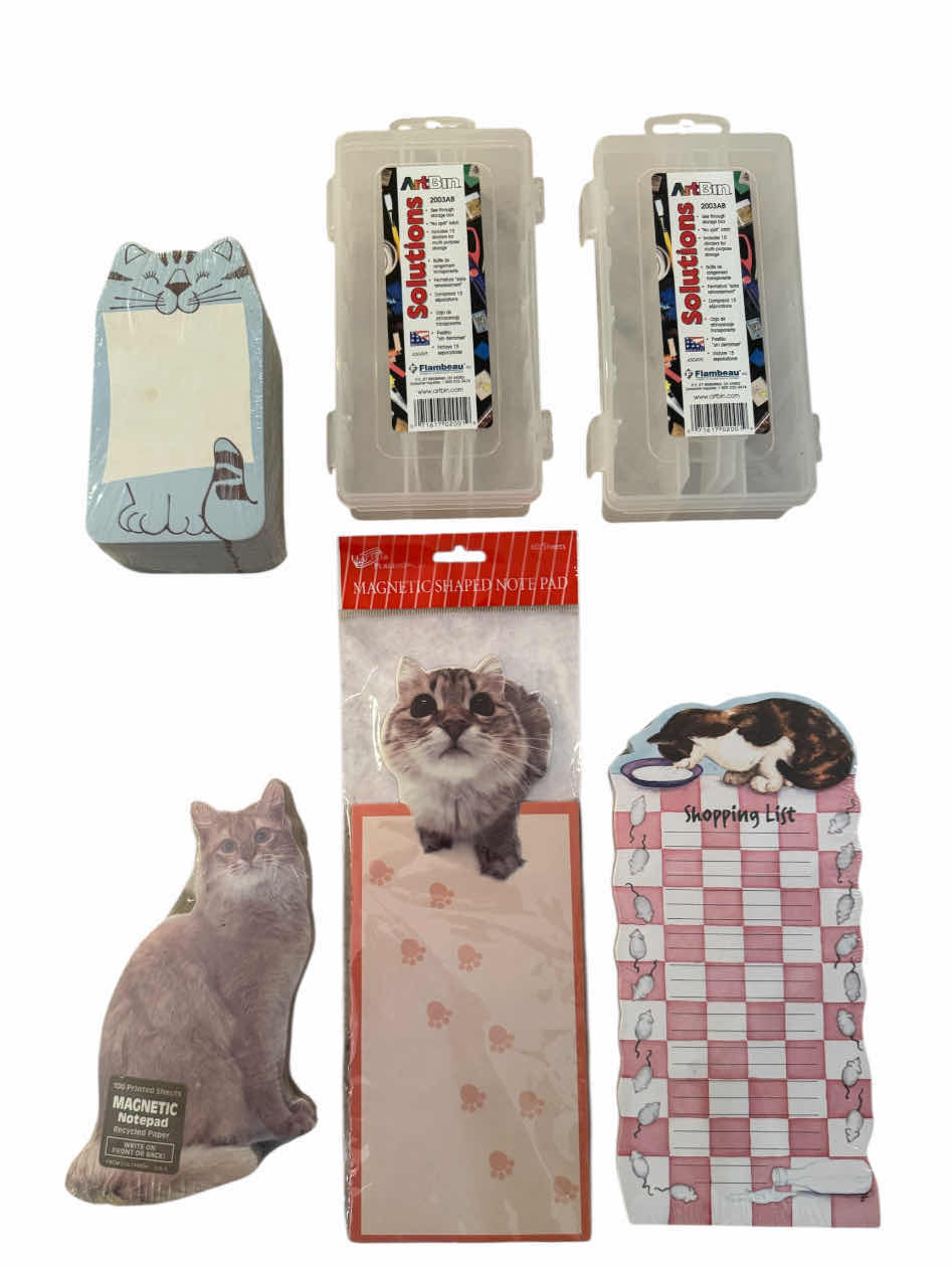 Photo 1 of 40
ASSORTED OFFICE SUPPLIES, NOTE PADS, SCISSORS, MAGNIFIER, STORAGE BINS, CLIPBOARD, 12 ITEMS 

18” X 12”