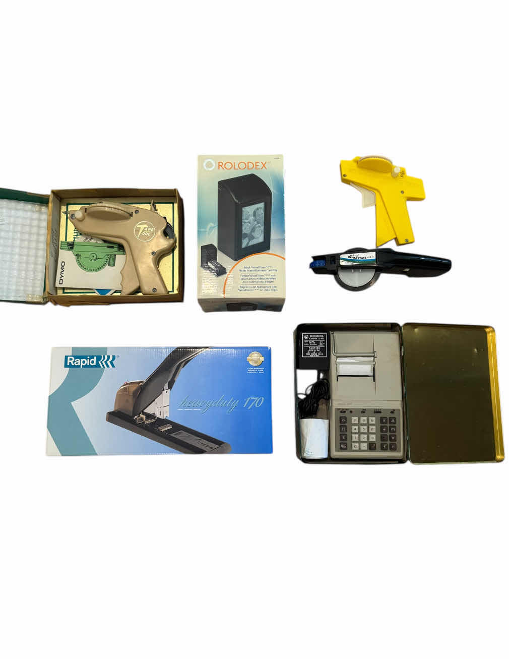 Photo 1 of VINTAGE OFFICE SUPPLIES, LABEL MAKERS, ROLODEX, HEAVY DUTY STAPLER, PRINTING CALCULATOR