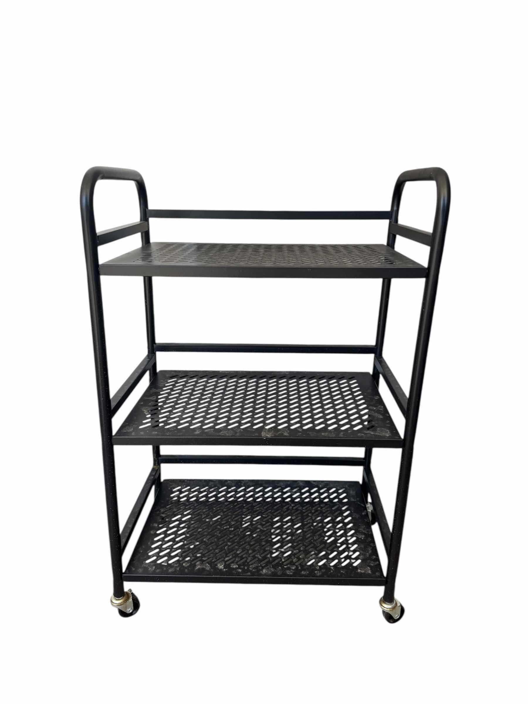 Photo 2 of 3- TIER ROLLING STORAGE CART, METAL, BLACK, AND BAMBOO BOHO SIDE TABLE ROLLING CART 19” X 12” X H29”. BAMBOO TABLE 18” X 12” X H16”