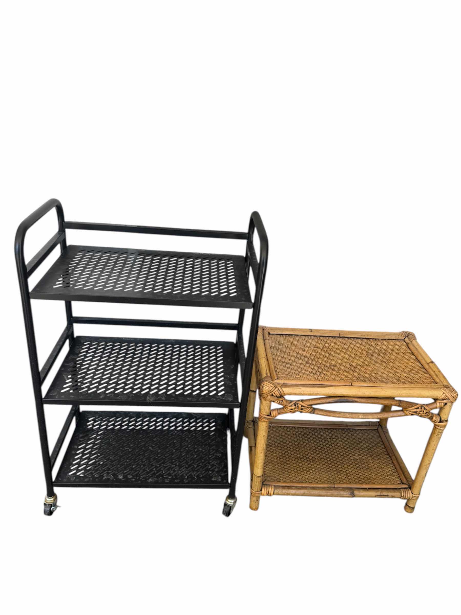 Photo 1 of 3- TIER ROLLING STORAGE CART, METAL, BLACK, AND BAMBOO BOHO SIDE TABLE ROLLING CART 19” X 12” X H29”. BAMBOO TABLE 18” X 12” X H16”
