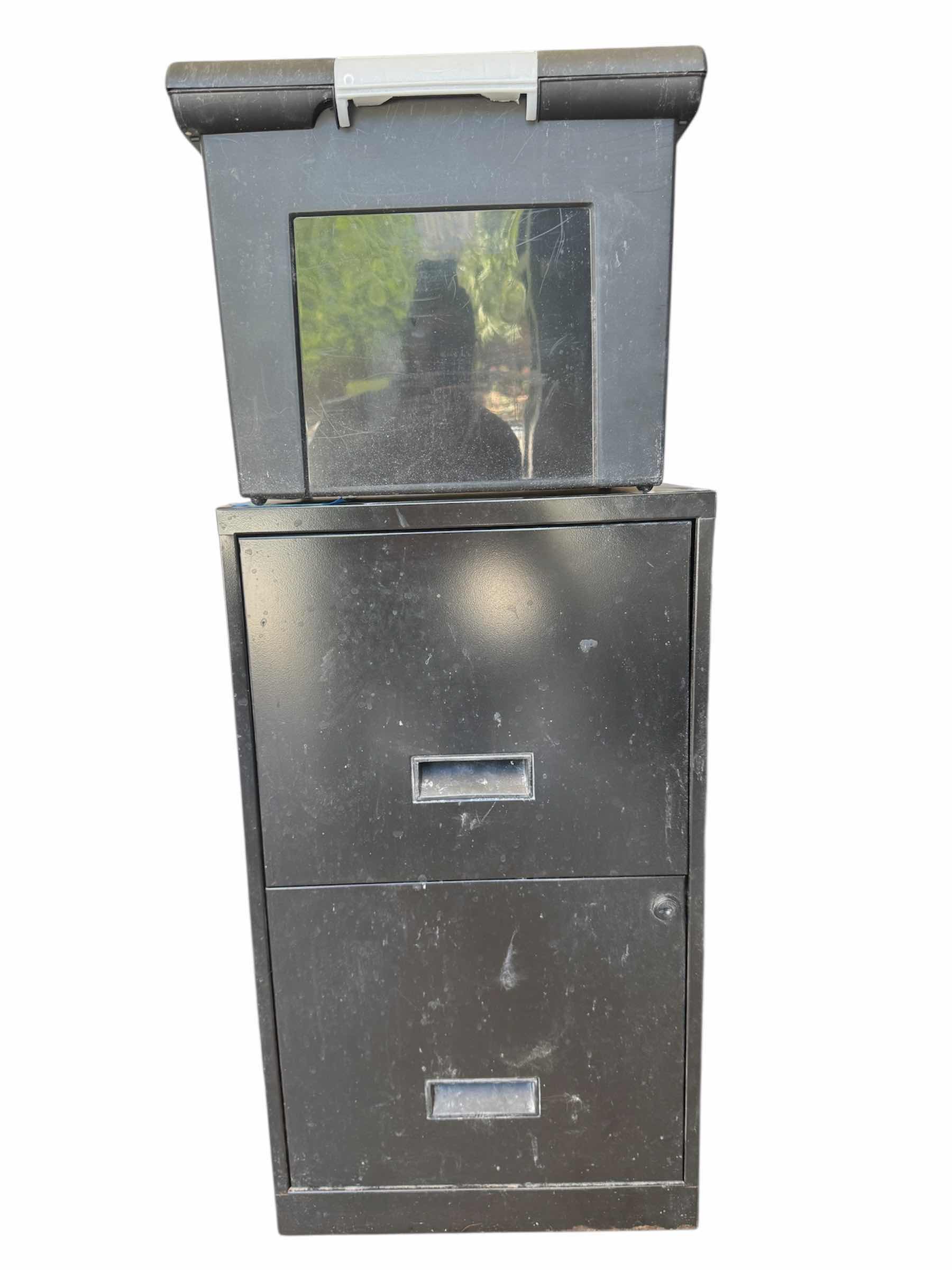 Photo 1 of BLACK METAL 2 DRAWER FILING CABINET AND RUBBERMAID PORTABLE FILE TOTE BLACK FILE CABINET 
14.5” X 18” X H25”