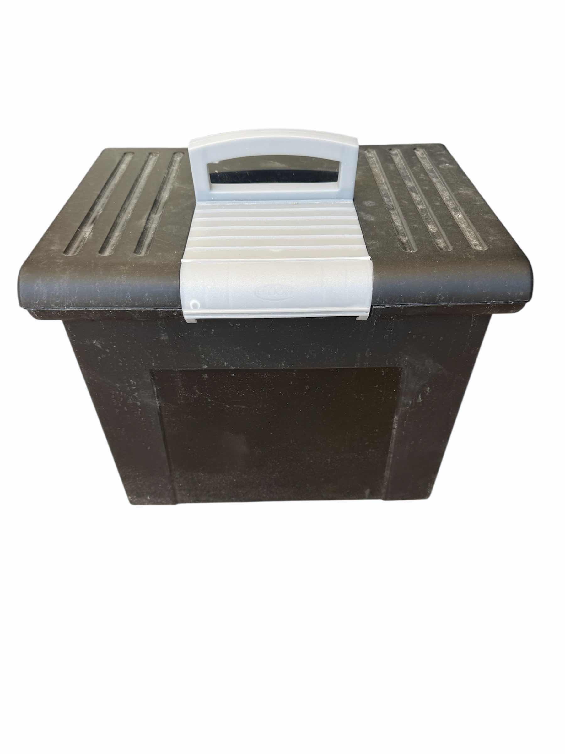 Photo 1 of BLACK METAL 2 DRAWER FILING CABINET AND RUBBERMAID PORTABLE FILE TOTE BLACK FILE CABINET 
14.5” X 18” X H25”